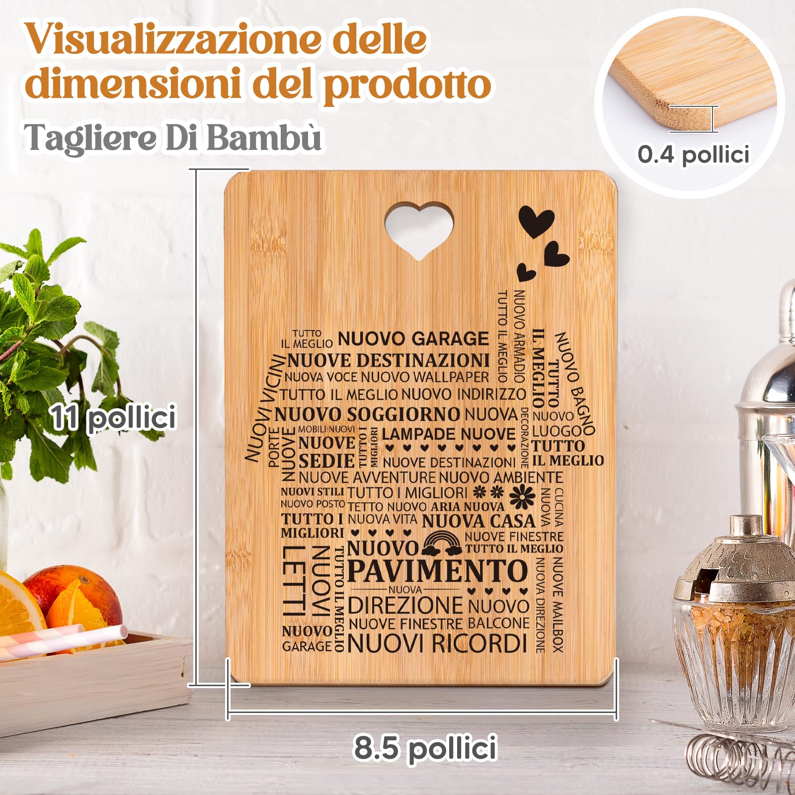 Tagliere In Bambù Inciso Per Regalo Casa Nuova: Multiuso Con Frasi Augurali, 30x22 Cm - 2