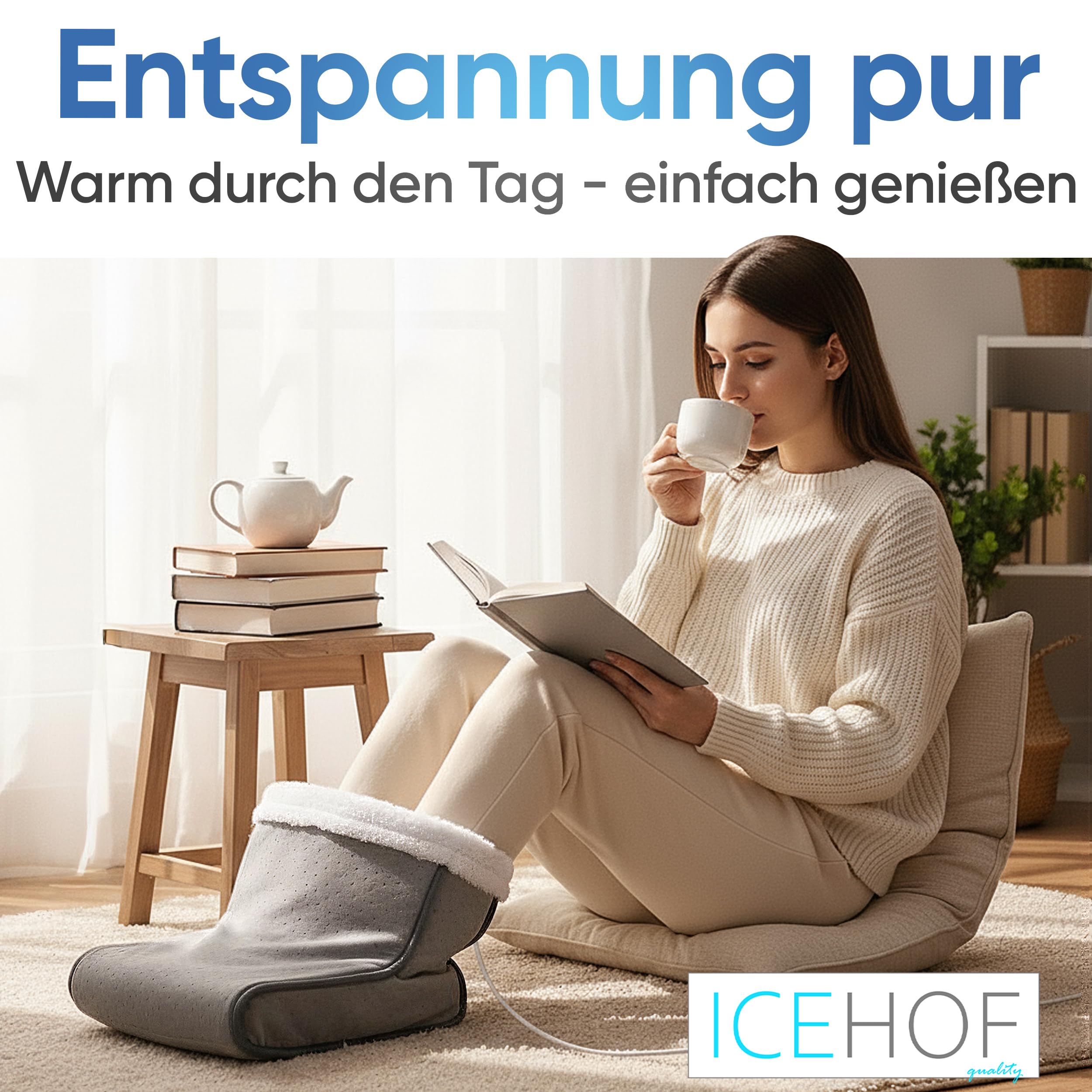 ICEHOF Fußwärmer elektrisch mit USB - 3 Heizstufen & Auto-Off - Kuschelweiches, waschbares Innenfutter - Fußheizung für Büro, Sofa & Homeoffice - Gegen kalte Füße, Damen & Herren