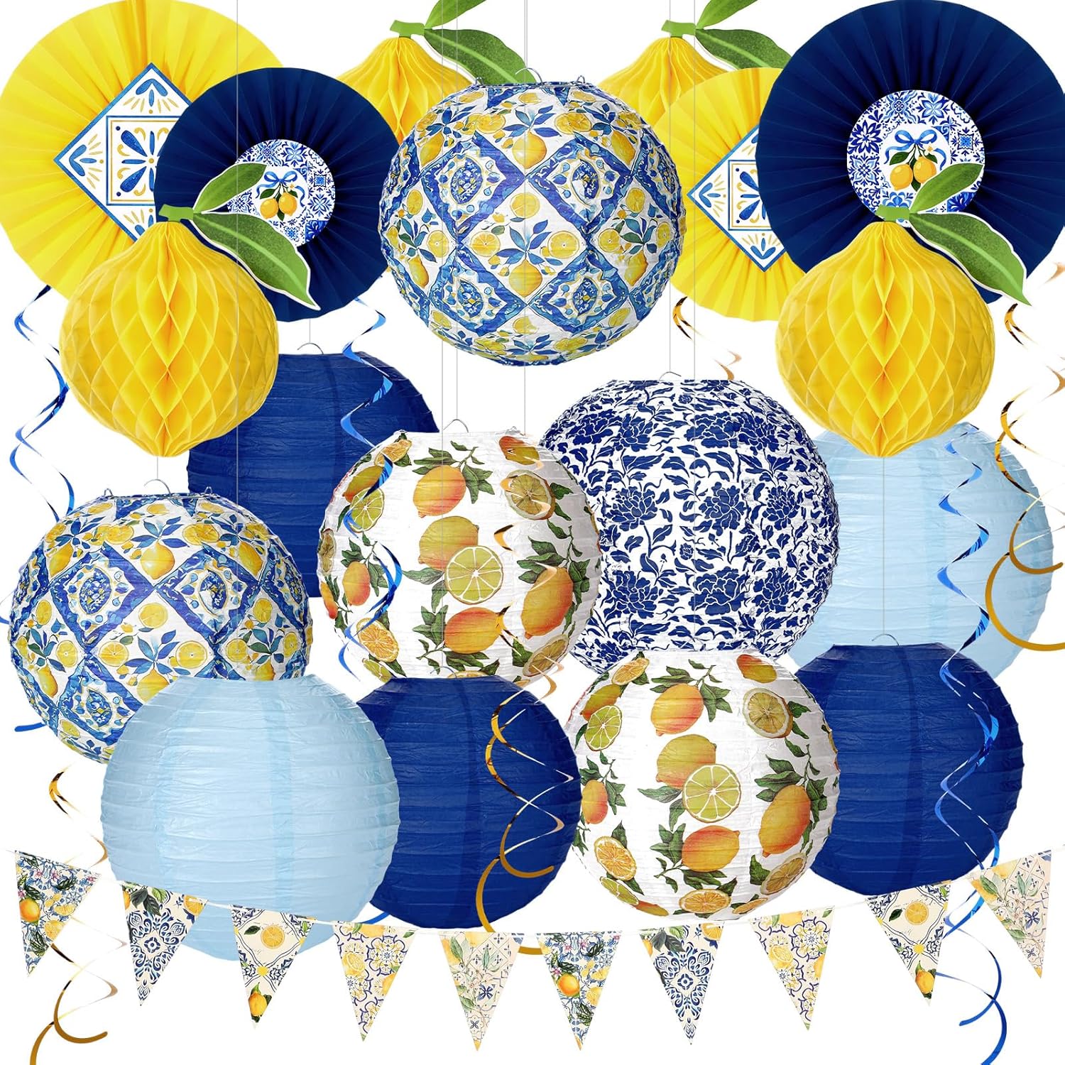Epakh 31 Pcs Capri Lemon Party Hanging Decoration Kit with Lemon Paper Lantern Blue Yellow Paper Fan Honeycomb Ball Triangular Flag Spiral for Summer Amalfi Coast Mediterranean Decor Birthday Wedding