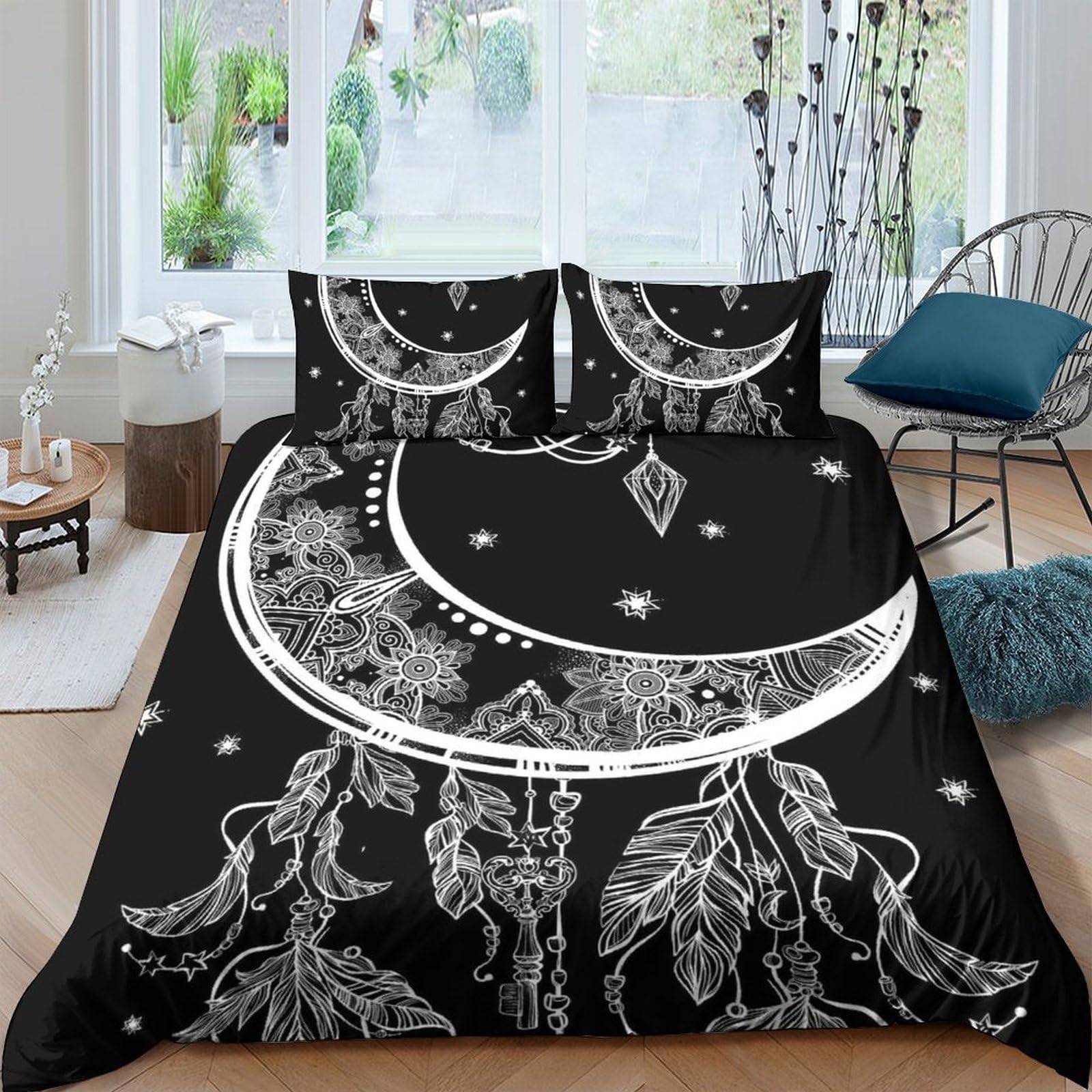 Ctjqhvkz Style-9 3D Printed Moon Dreamcatcher Fitted Sheet Microfiber Black White Bed Cover Anti-Slip Machine Washable For Bedroom Dorm Apartment Single（135X200cm）