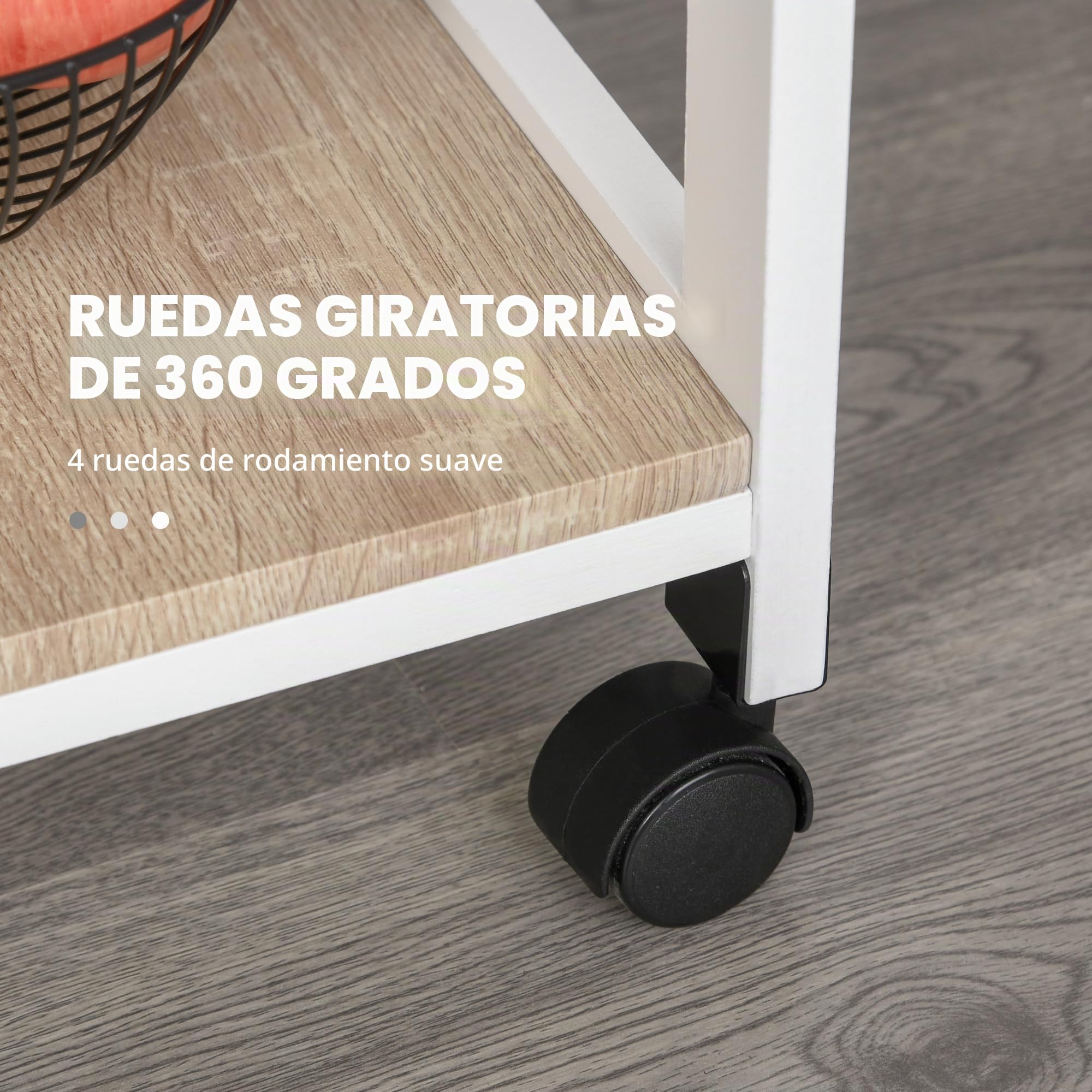 HOMCOM Carro de Servicio de Cocina con Ruedas, Cesta + 2 bandejas extraíbles, cajón, Estante MDF Roble Claro Madera Pino Blanco