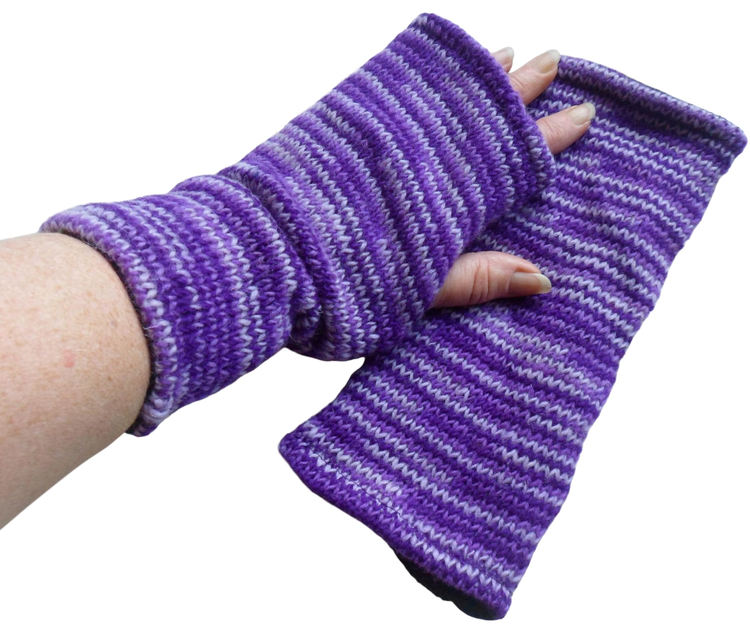 NATURAL FLOW Fair Trade Wool Space Dye Fleece Lined Tube Fingerless Gloves Wrist Warmers (Purple)
