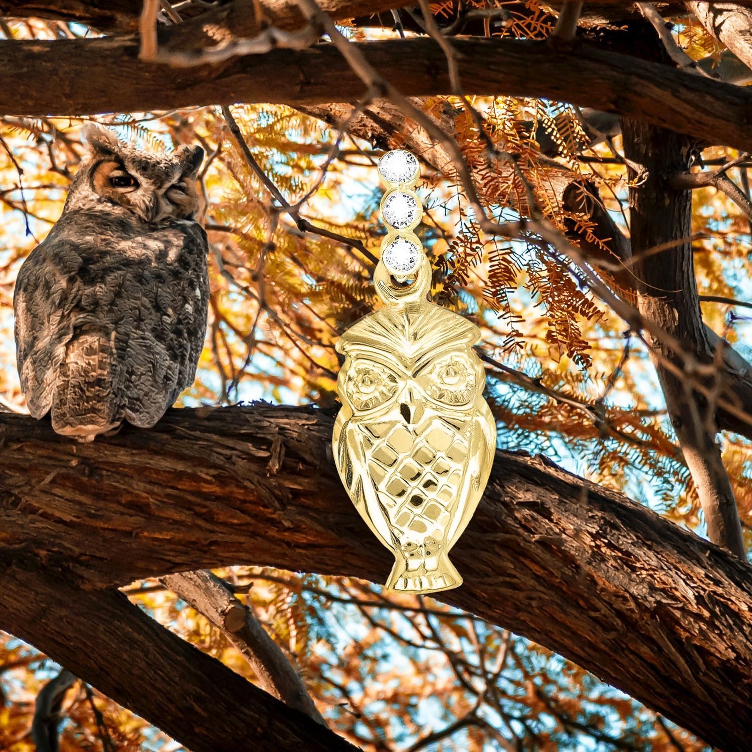 forme di Lucchetta - Good Luck Owl Charm with Sapphires - Polished 14 Karat Yellow Gold Pendant, Womens 14k Charms for Necklaces up to 4mm, Authentic Fine Jewelry from Italy