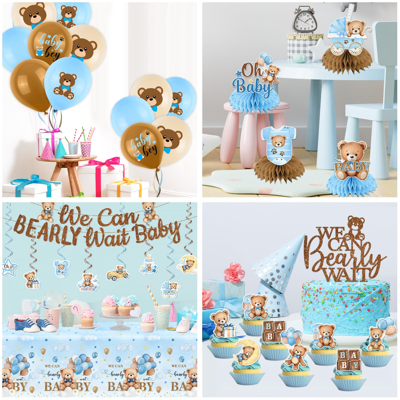 Blue Bear Baby Shower Decorations,219Pcs Baby Shower Tableware Set Banner, Plates and Napkins, Tablecloth, Cake Toppers, Honeycomb Balls for Boy Neutral Bear Themed Party Decorations Severs 24