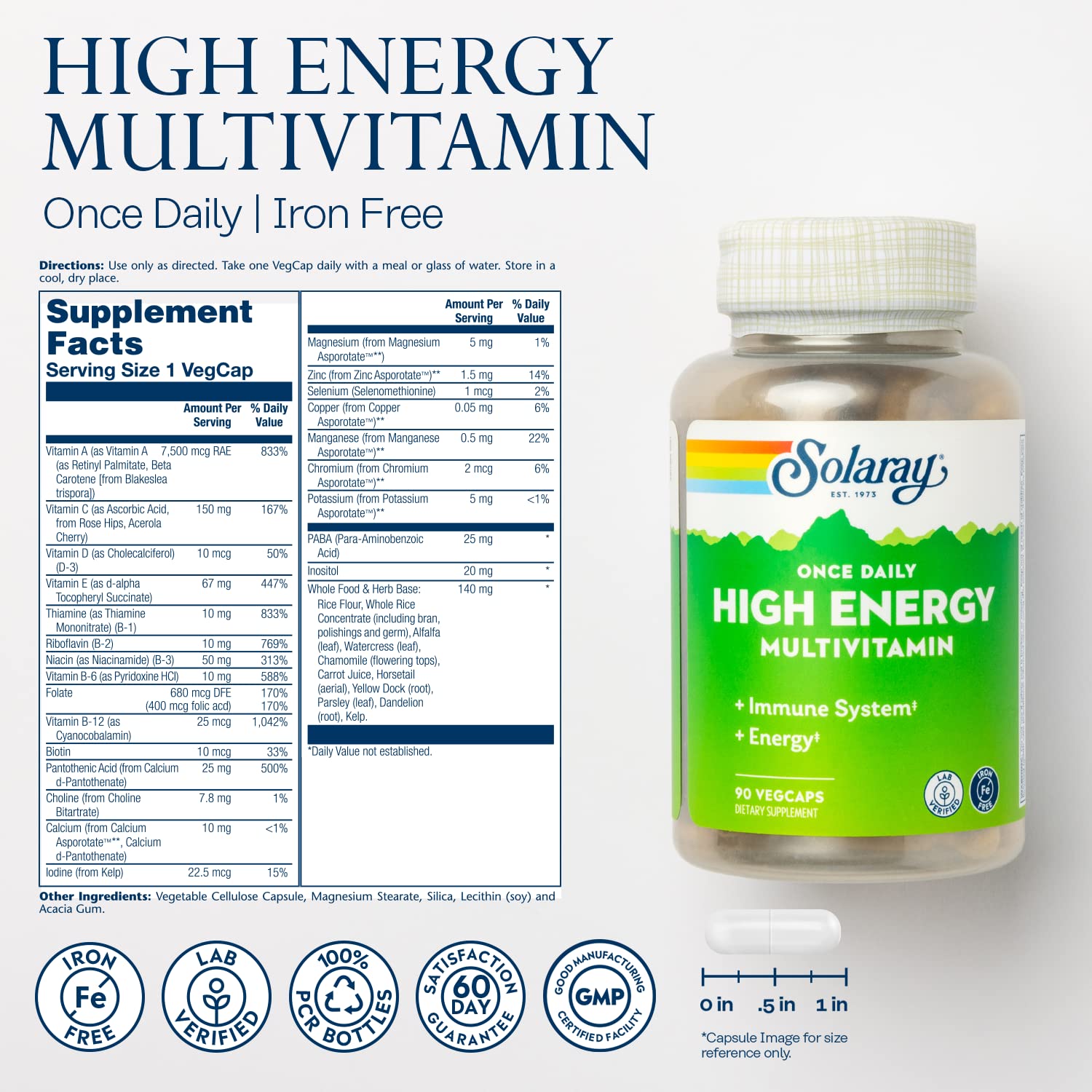 SOLARAY Once Daily High Energy Multivitamin, Iron Free, Immune System and Energy Support, Whole Food and Herb Base Ingredients, Mens and Womens Multi Vitamin (90 Servings, 90 VegCaps) — Amazon image 2