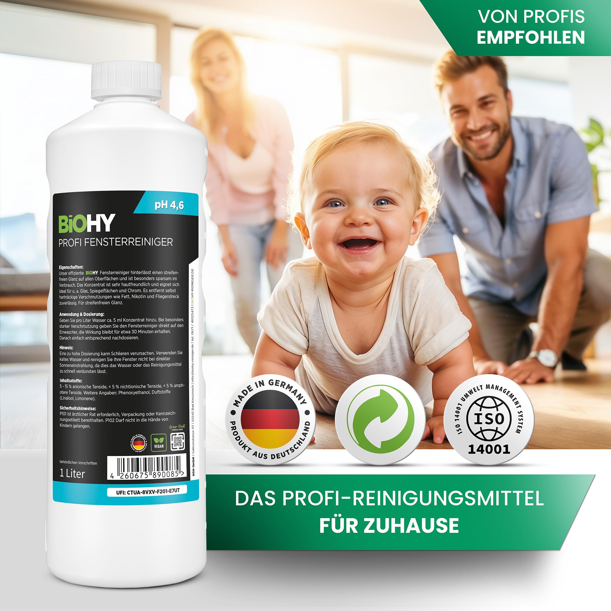 BiOHY Limpiacristales profesional (Bidón de 10 litros) + Grifo de Salida | Limpiador concentrado de vidrios, para de ventanas | Limpieza optima de vidrios, ventanas y espejos (Fensterreiniger)