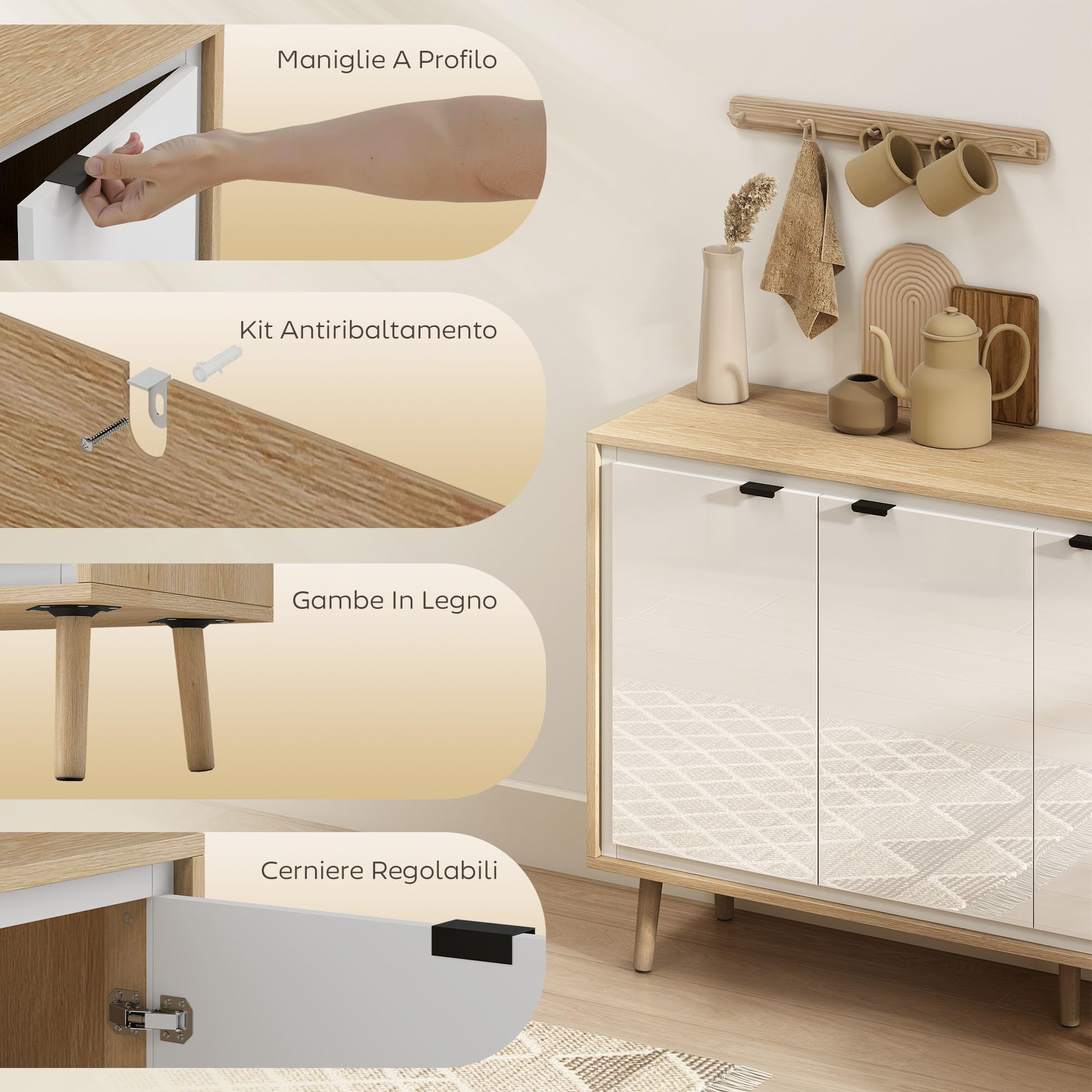 HOMCOM Credenza Cucina con 3 Ante, Mobile Cucina Moderno con Ripiano Regolabile e Piedi in Legno, Credenza Buffet per Soggiorno, Sala da Pranzo e Salotto, 107x35x77 cm, Bianco Lucido e Rovere