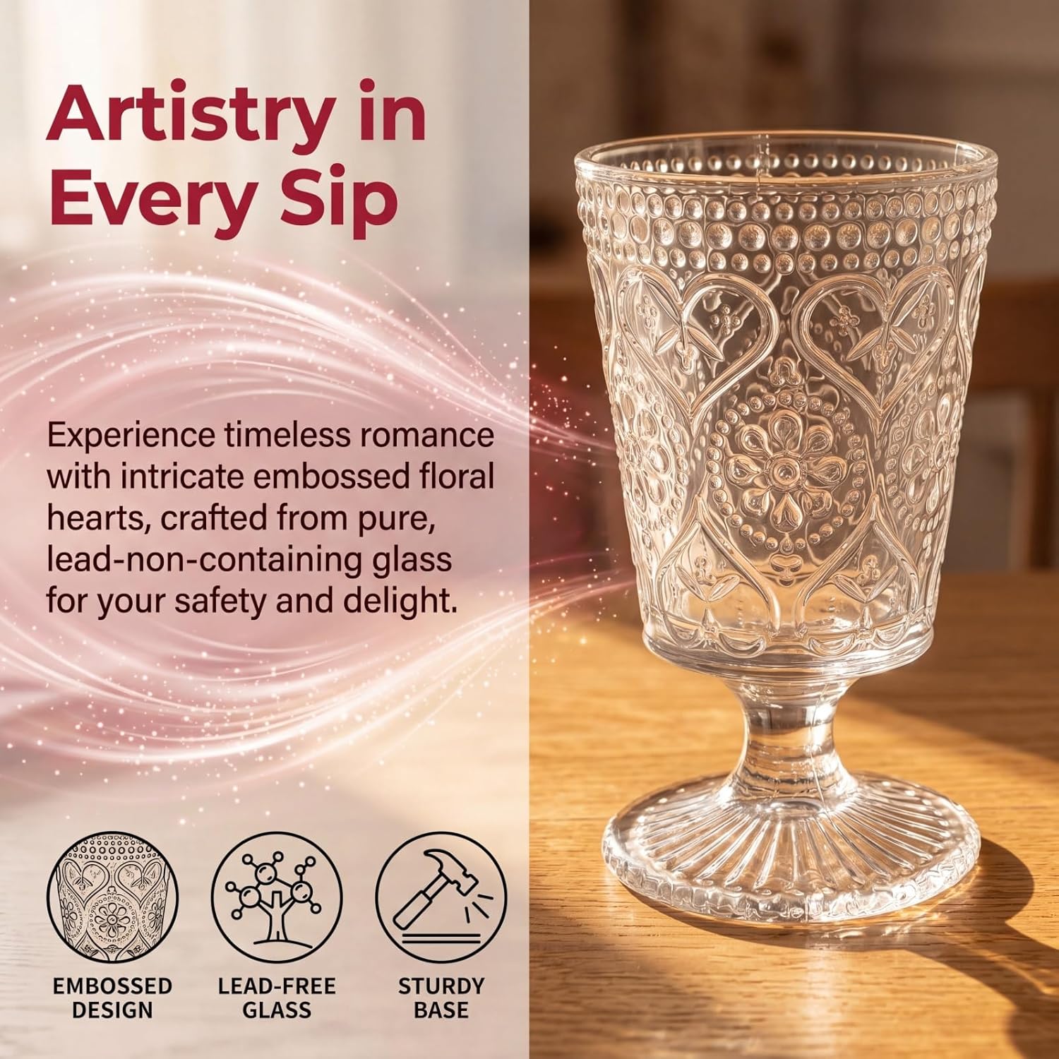 ZAVOOS Set of 6 Clear Glass Goblet, 12 Oz Vintage Romantic Wine Glasses, Embossed Floral Glass Cups Set, Bar Tumbler Drinking Glassware for Iced Tea, Wine, Beer, Juice, Cocktail, Whiskey