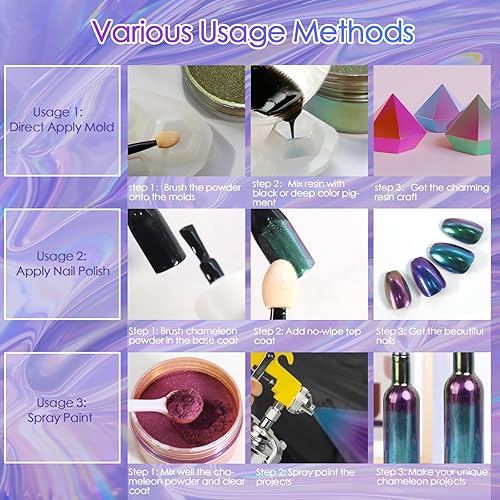 Miniatura 5 de Ceya Polvo de Mica Camaleón, 50g1.8oz Polvo de Uñas Cromado para Fiestas Lujosas, Pigmento de Efecto Perlas que Cambia de Color de Grado Cosmético