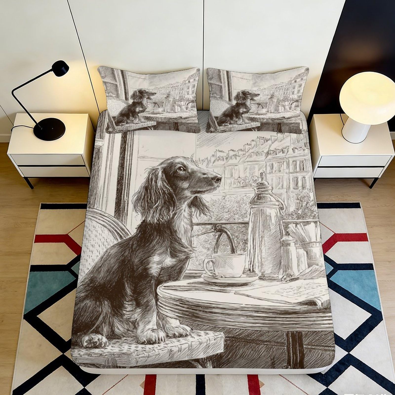 3D Printed Dog Window View Fitted Sheet Microfiber Deep Pocket for Bedroom Bedding Dog Window Scene Mattress Fitted Cover 160x200x25cm