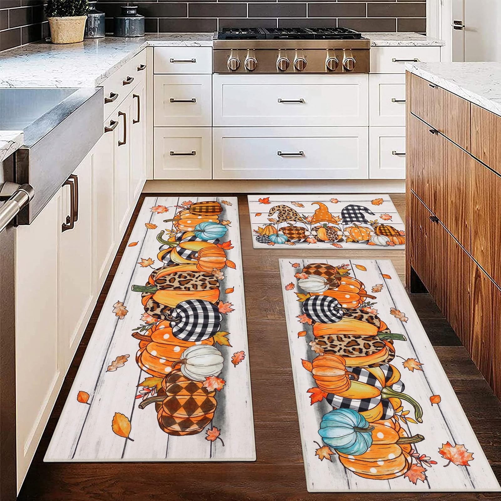 Ileading Farmhouse Kitchen Rugs Set of 3, Washable Fall Kitchen Mats for Floor 3 Piece with Non Slip Backing, Plaid Dwarfs and Pumpkins Print Striped Runner Carpet for Laundry Room, Hallways DecorOEKO-TEX STANDARD 100