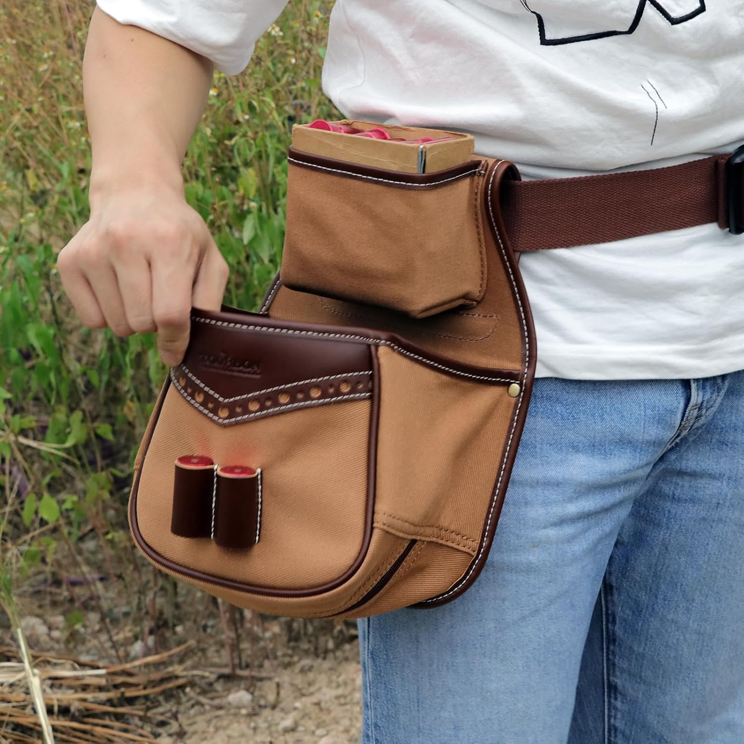 TOURBON Canvas Leather Sporting Clays Shell Pouch Trap Shooting Shotgun Shell Holder Hunter Shooter Ammo Bag