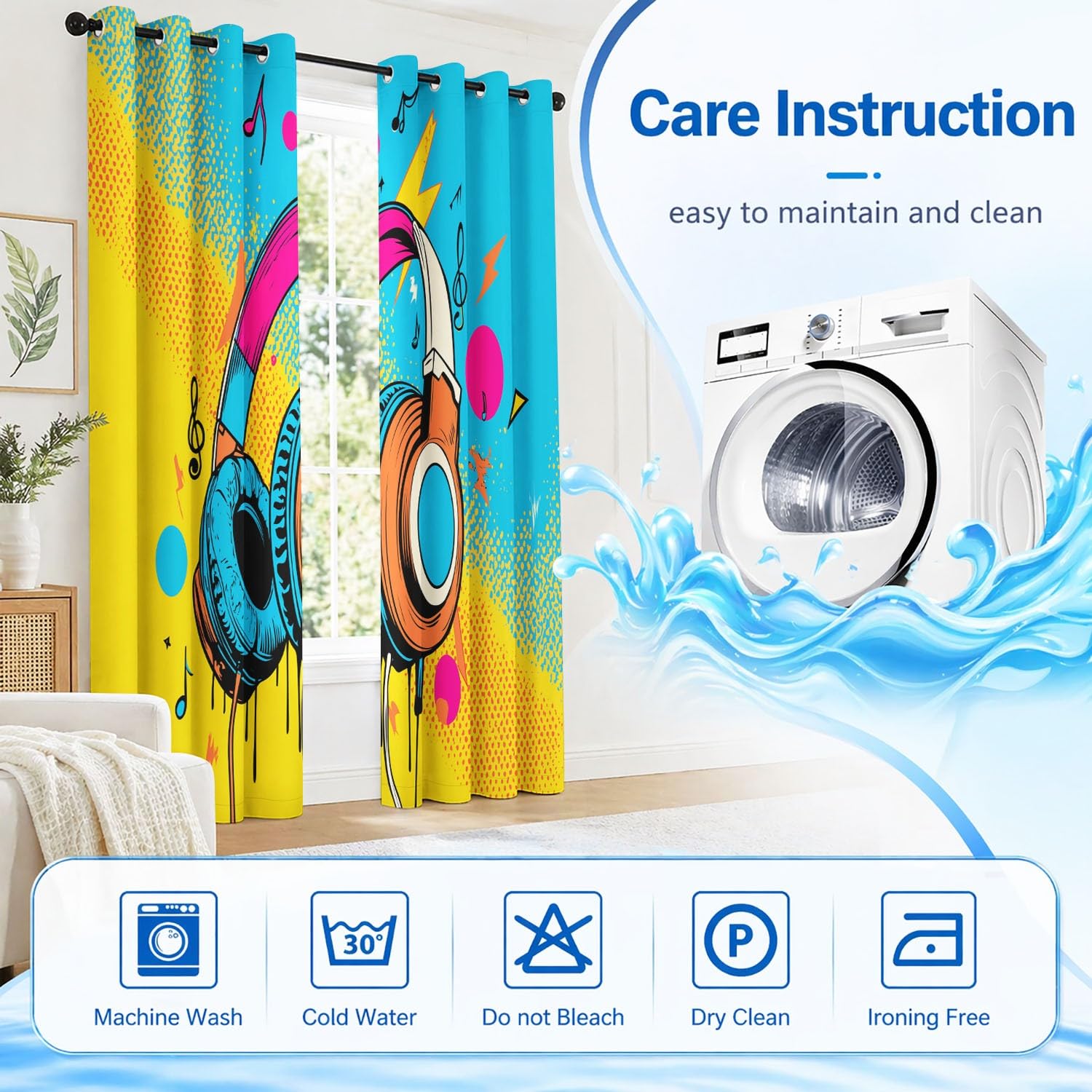 Générique 2 pezzi Tenda oscurante per cuffie audio alla moda sfumata per ragazza ragazzo 140 x 260 cm - Pop musica termica fonica con occhiello per decorazione della finestra camera da letto e
