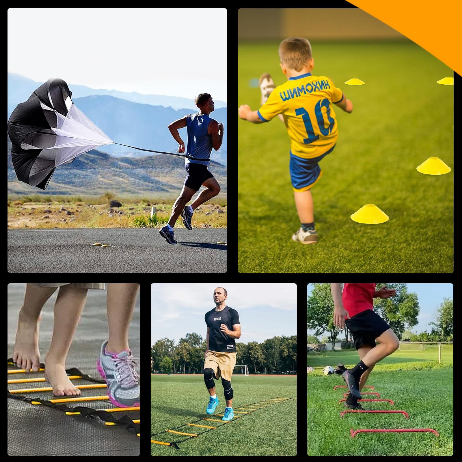 El kit de equipo de entrenamiento de agilidad incluye 12 escaleras de agilidad, 4 obstáculos de agilidad, 12 conos de fútbol, cuerda de saltar, paracaídas, equipo de entrenamiento de fútbol,