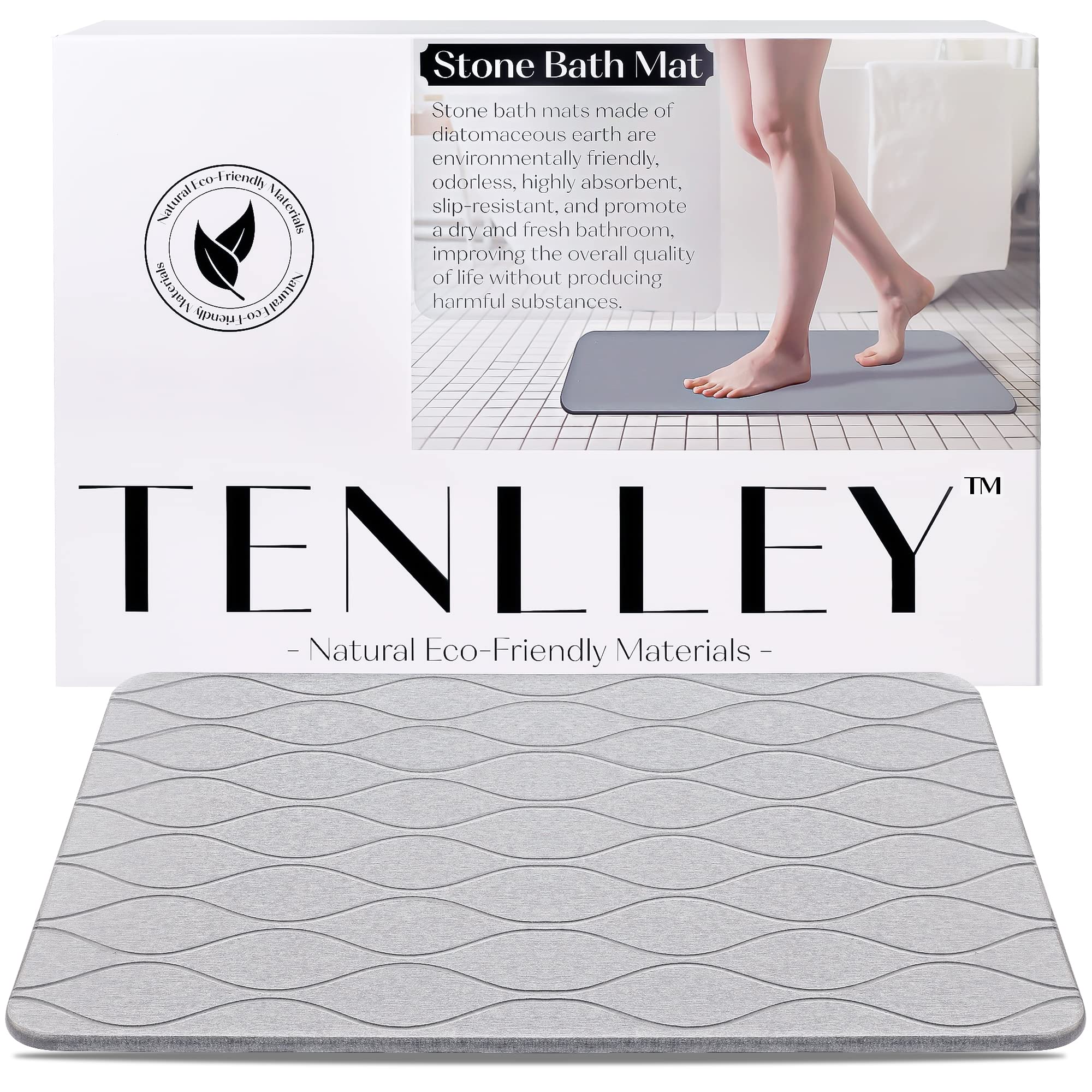 TENLLEY Stone Bath Mat, Natural Diatomaceous Earth Shower Mat, Non-Slip Stone Bath Mats for Bathroom, Ultra-Absorbent, Quick-Drying, Easy to Clean?Medium Gray-Waves?