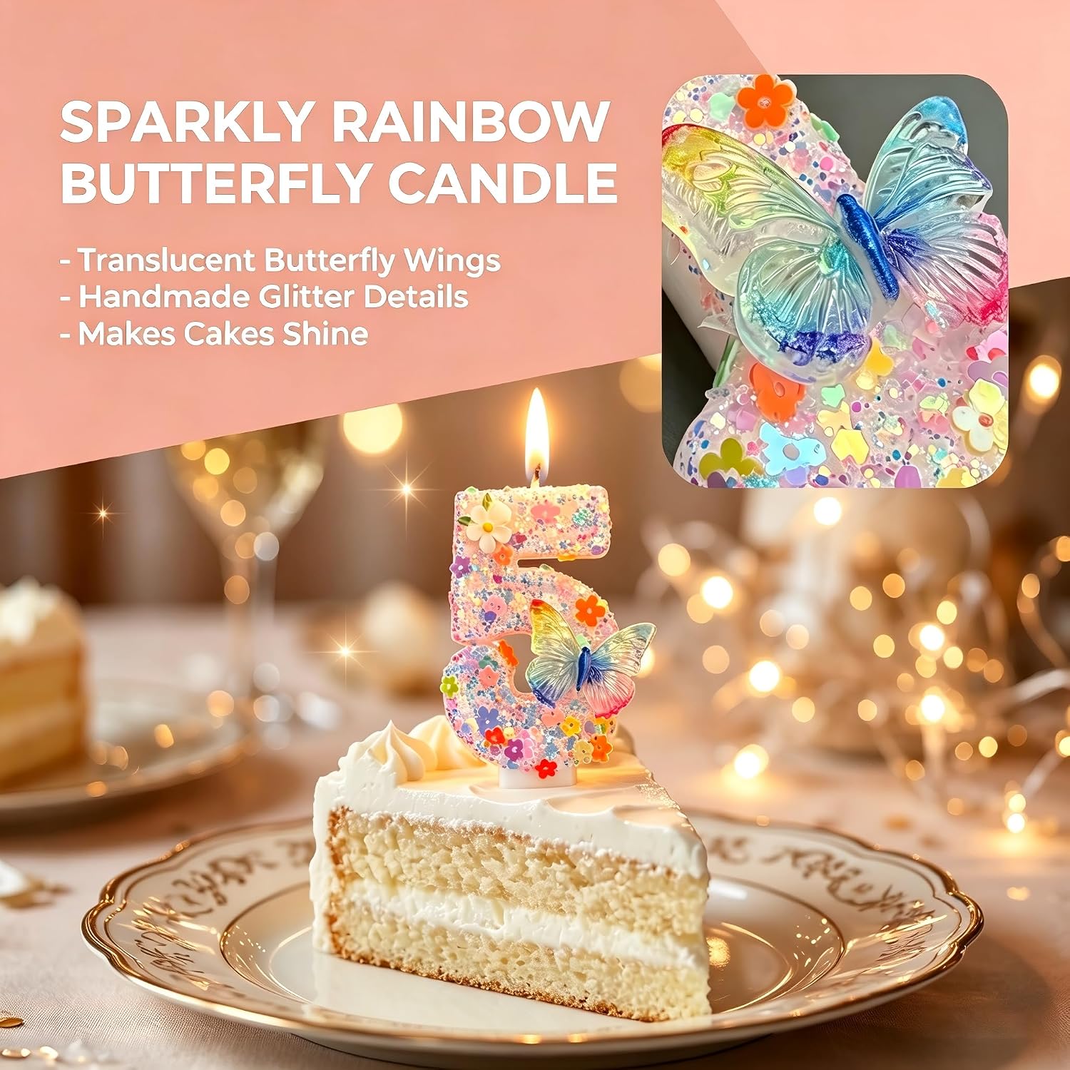 Glitter Number 5 Birthday Candle with Butterfly & Flower - Pink Sparkle Cake Candle for Women Girls - Fairy Fifth Birthday Decorations Princess Party Baby Shower