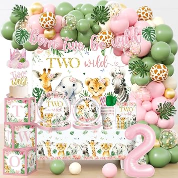 Two Wild Birthday Decorations Girl Safari Animal Jungle Theme 2nd Party | Party Supplies Include Born Two be Wild Banner Balloons Garland Arch Plates and Napkins 2nd Decorations for Toddler Girl