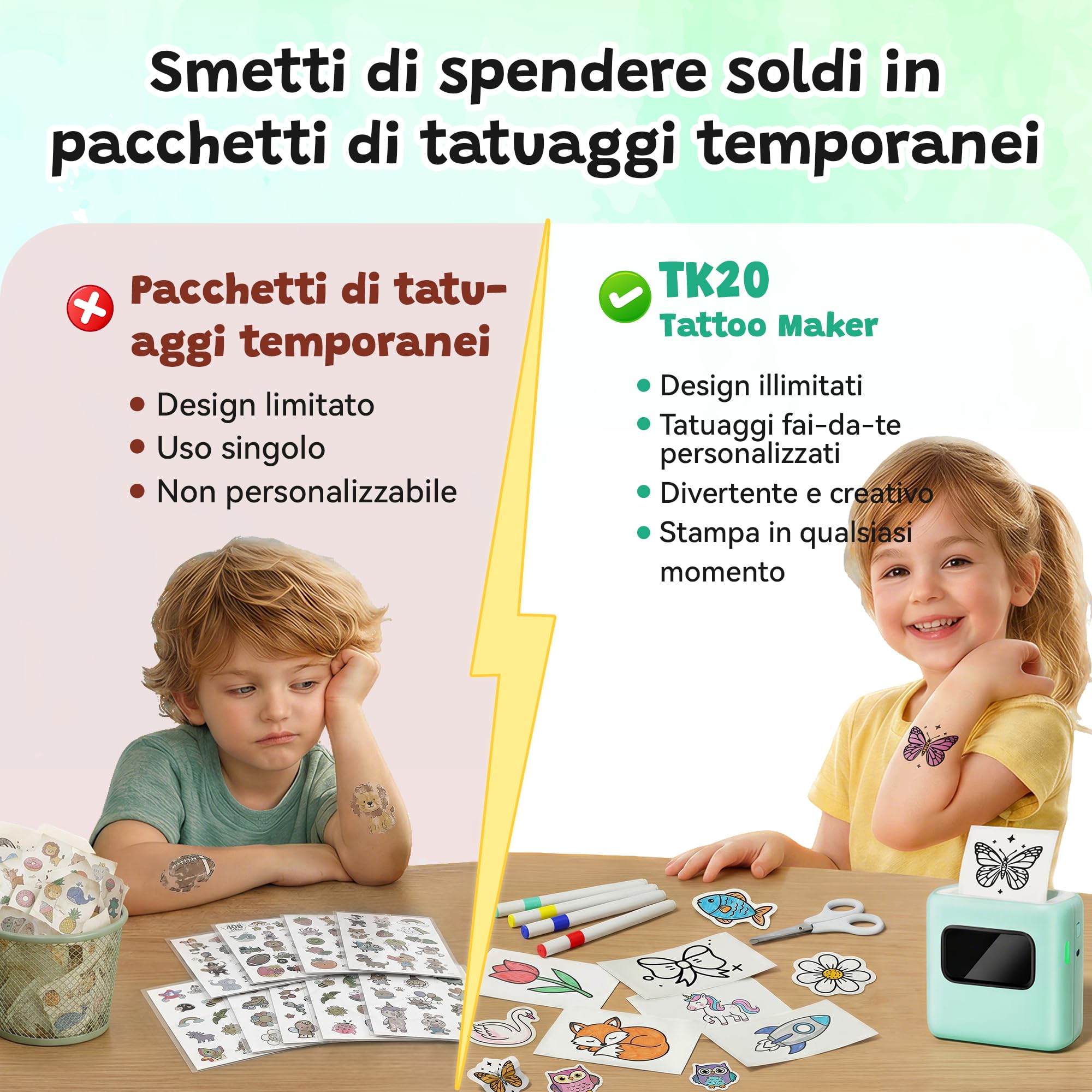 TATTMUSE Stampante Tatuaggi per Bambini, Regalo Bambina 5 6 7 8 9 10 Anni | con 40 fogli per Tattoo e 4 Pennarelli, Tatuaggi Temporanei - Attività Fai da te per Giochi Bambina 11 12 Anni