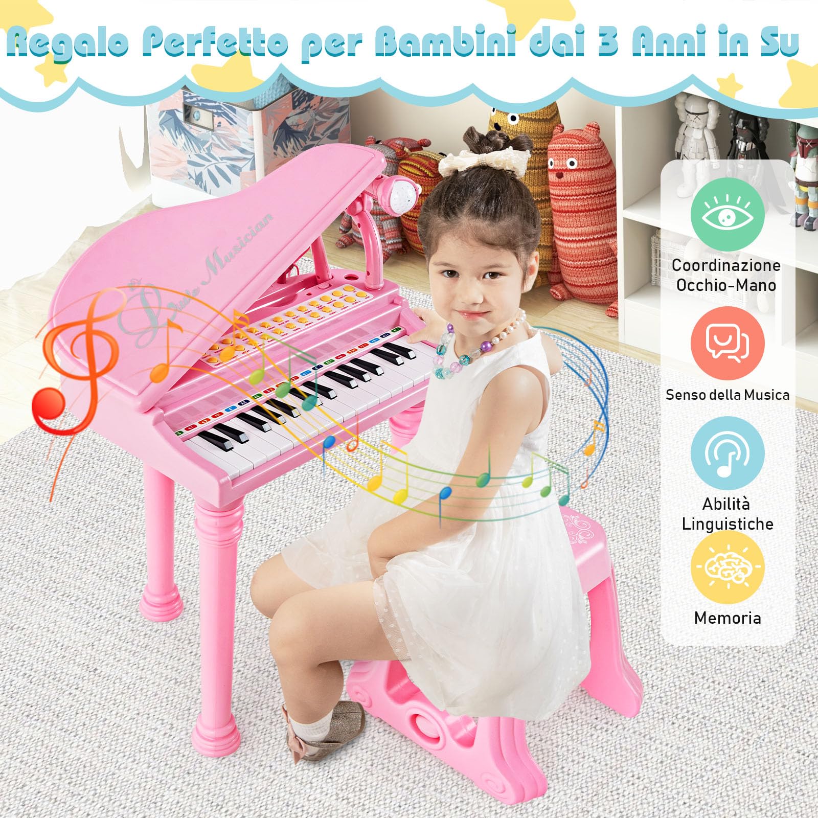 COSTWAY Tastiera Pianoforte a 31 Tasti per Bambini con Microfono e Sgabello, Tasti Giocattolo Portatile con Modalità di Insegnamento a LED, Pianoforte a Coda per Bambini 3+ Anni (Rosa)