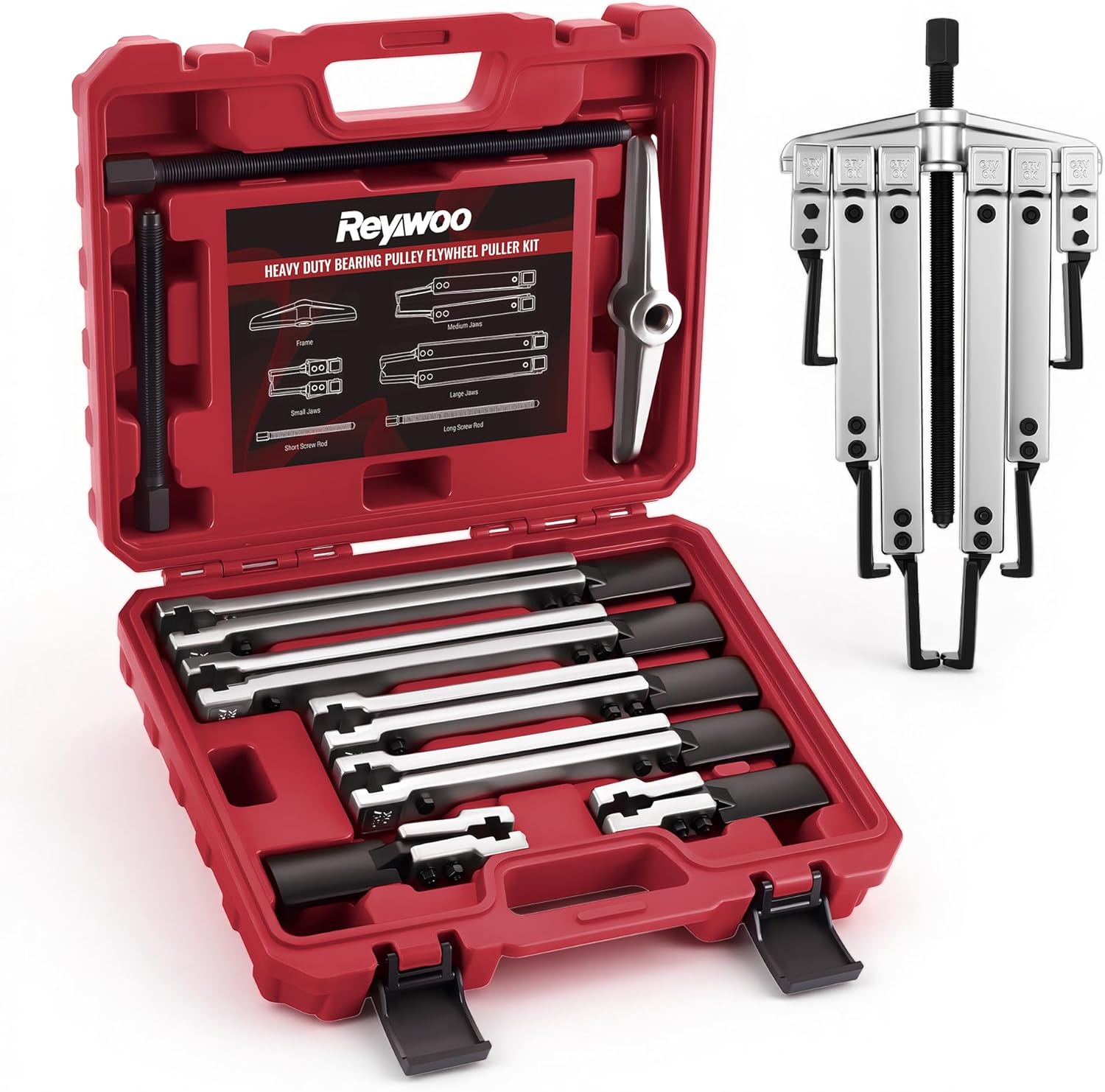 Reywoo Adjustable 2-Jaw Gear Puller Set - 9-Piece Kit with Reversible Jaws & Extendable Arms for Bearings, Pulleys, Flywheels