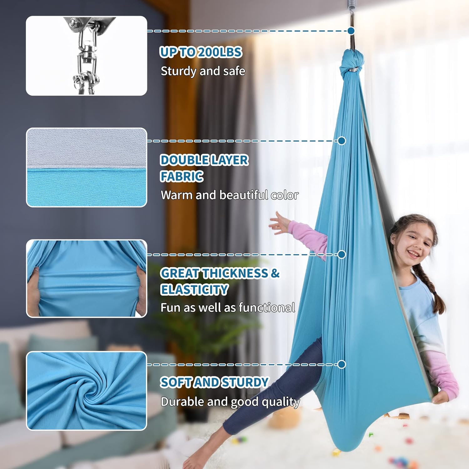 OUTREE Sensory Swing, Double Layer Therapy Swing with 360° Swivel Hanger, Healing & Relaxing Cuddle Sensory Swing for Kids and Adults with Autism, ADHD, Sensory Processing Disorder(Blue and Gray)