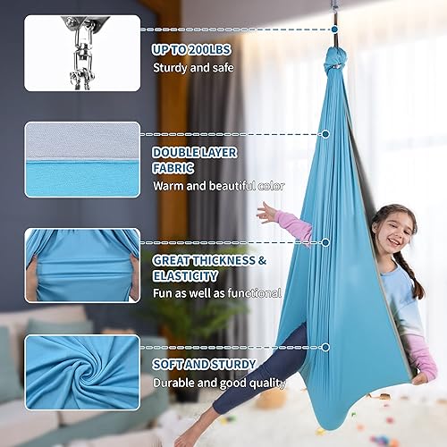 Vista 31 de OUTREE Columpio sensorial, columpio de terapia de doble capa con colgador giratorio de 360°, columpio sensorial curativo y relajante para niños
