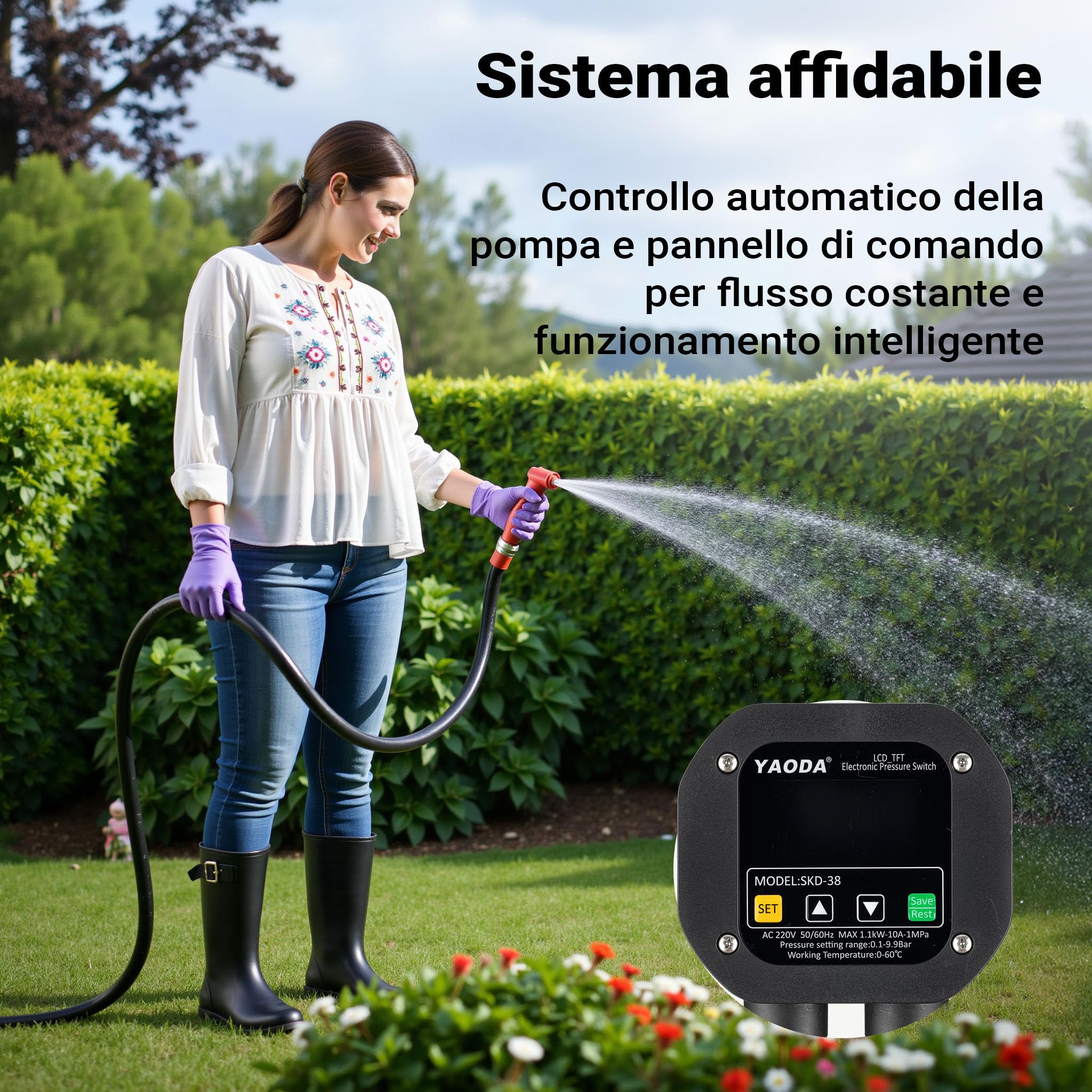 Wiltec Pressostato elettronico per impianti idrici domestici, pompe da giardino, pressostato con avvio/arresto automatico, protezione contro la mancanza d'acqua, sensore di pressione