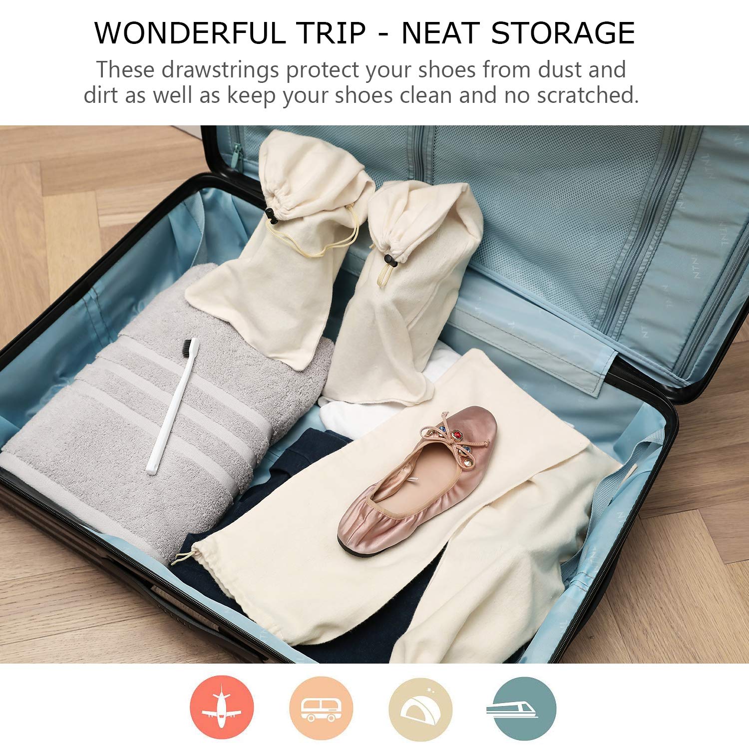 Bolsa para Guardar Zapatos 100% Algodón con Cordón, Juego de 4 Piezas para Viaje y Almacenamiento