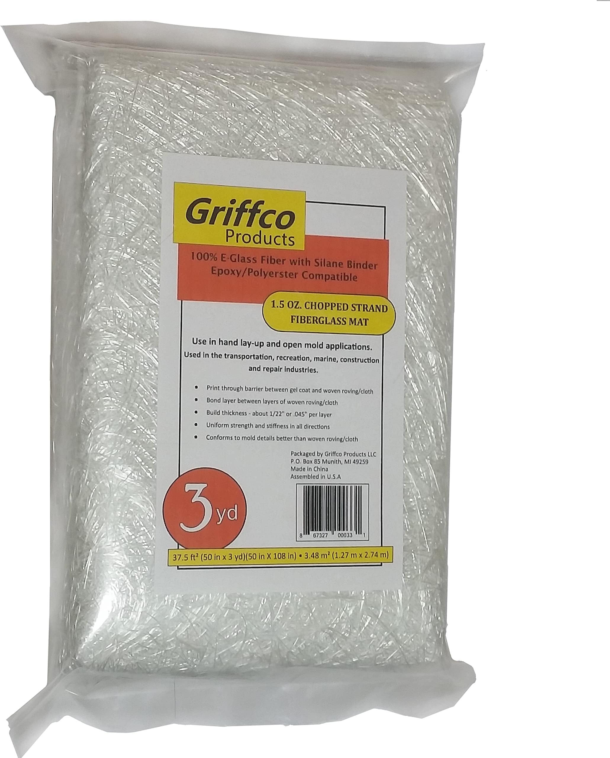 1.5 Oz. Fiberglass Chopped Strand Mat - 3 Yards X 50" Wide for Hand Layup Vacuum Bagging or Molding Composites with Epoxy Polyester or Vinyl Ester Resins