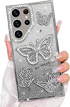 Elzzi Newest Electroplated Butterfly Phone Cover for Samsung S24 Ultra Case, Showcasing Pearlescent Diamond Soft TPU, Camera Protection, Shockproof, Dropresistant Stylish for Girls & Women (Silver)