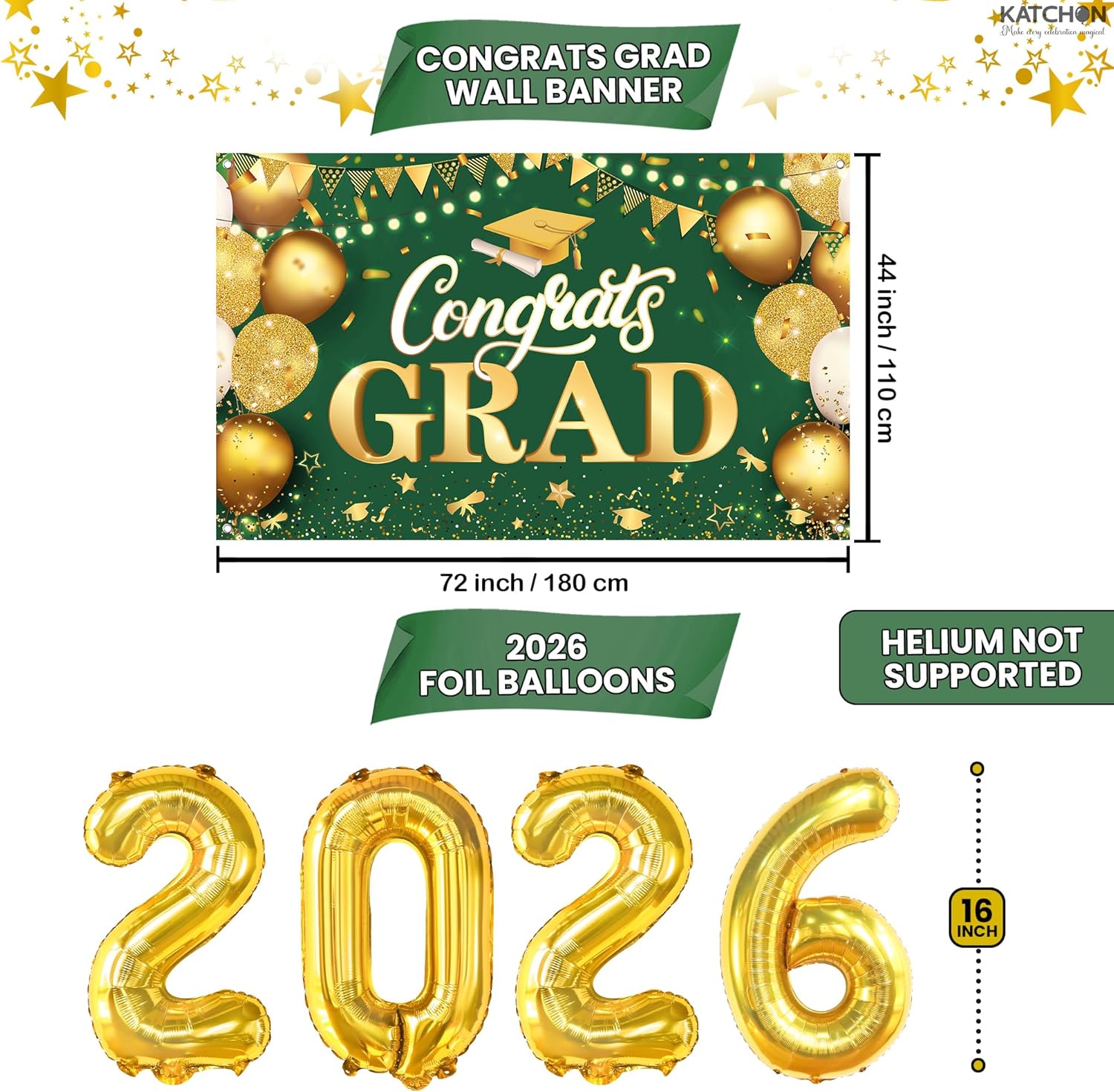 KatchOn, Green and Gold Graduation Decorations Class of 2026, Huge, Pack of 73, Congrats Grad Banner and Grad Balloon Boxes, 2026 Grad Balloons for 2026 Graduation Decorations, 2026 Grad party Decor