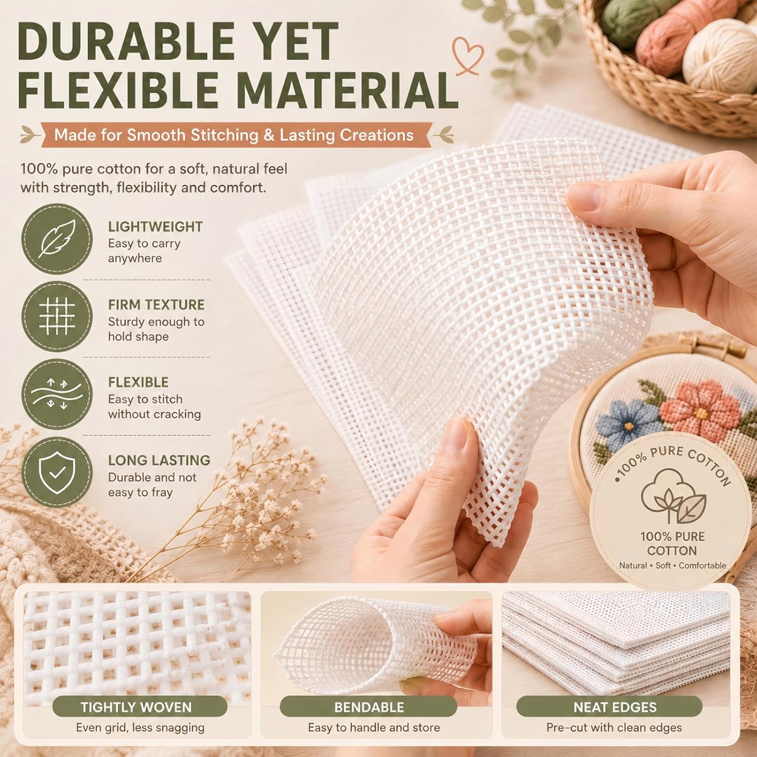 Knitgrip 10 Pcs 18 Mesh Needlepoint Canvas Pre-Cut Blank White Needlepoint Canvas Cotton Embroidery Sheets for Gift DIY Embroidery Knit Crochet Craft Projects, 6 Sizes