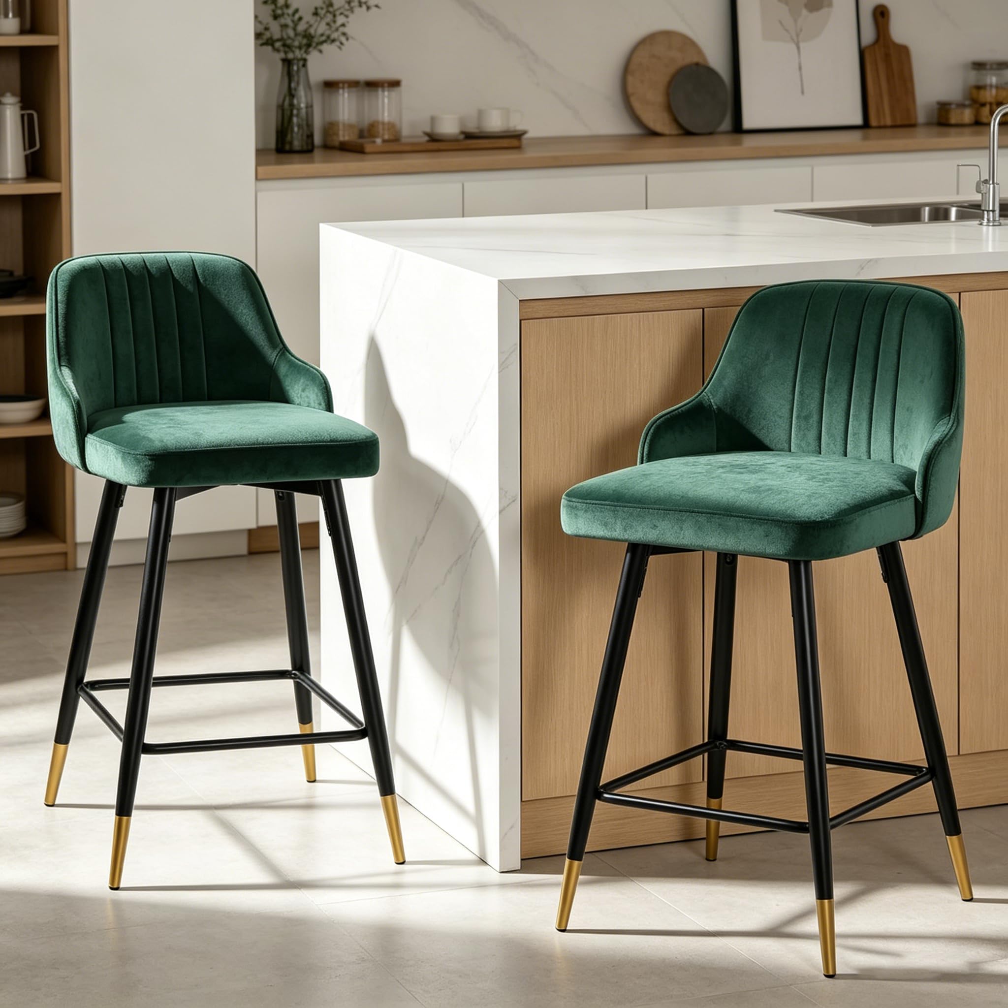 Bekrvio Juego de 2 taburetes de bar de terciopelo, Silla giratoria de 360°, Altura ajustable a 65 cm, Silla de bar tapizada con respaldo, Taburete de cocina moderno para cocina, mostrador, bar