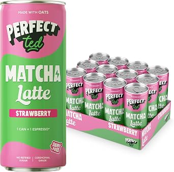 PerfectTed Strawberry Matcha Latte RTD, Ceremonial Grade Matcha, 12 x 250ml Cans, Ready-to-Drink with Gluten-Free Oats | Smooth & Creamy | Dairy-Free | Vegan 12 Pack, Strawberry