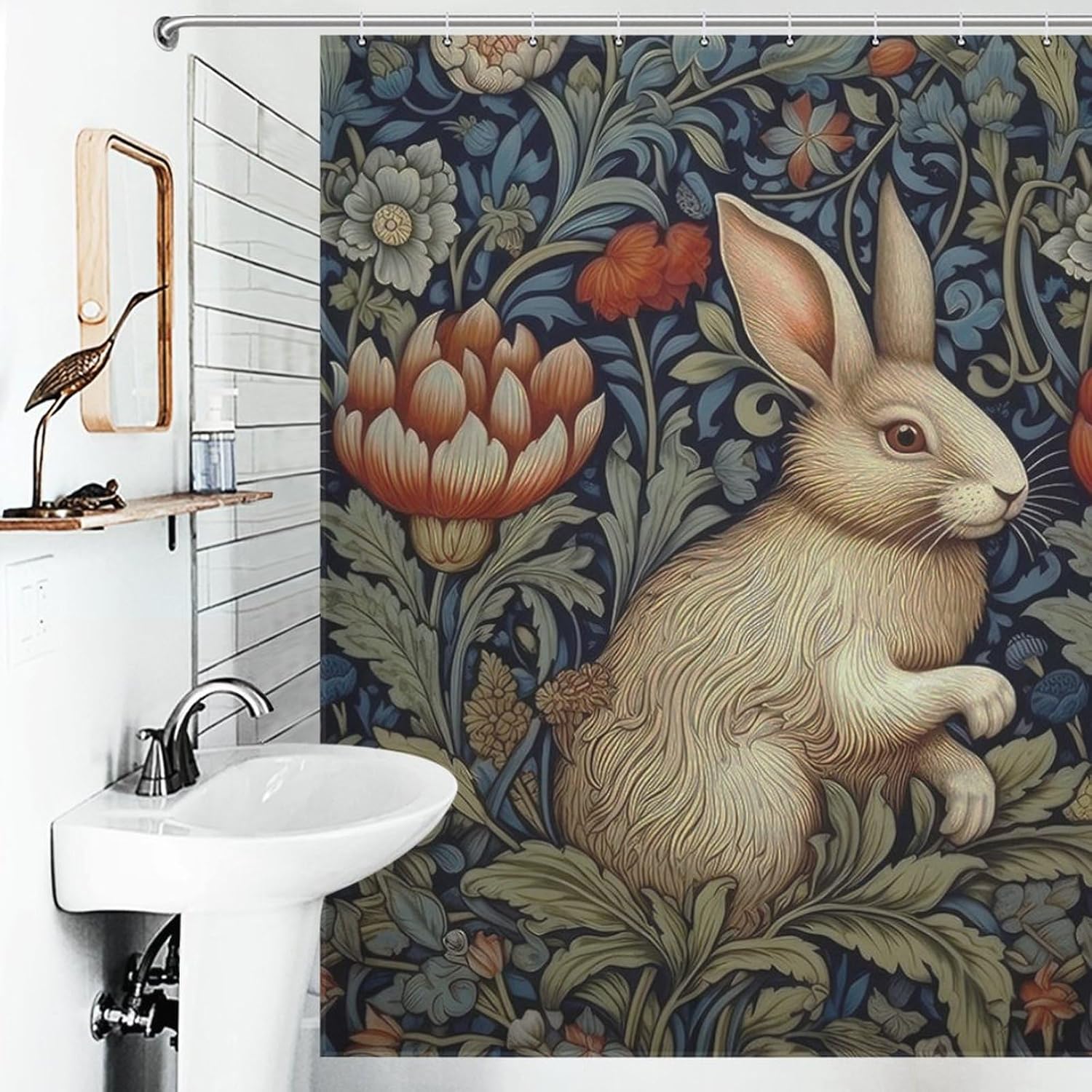 Rustic Farmhouse Easter Shower Curtain,William Morris Rabbit Bunny Floral Polyester Waterproof Cloth Bathroom Curtain with 12 Hooks 72x72Inch (183x183cm)