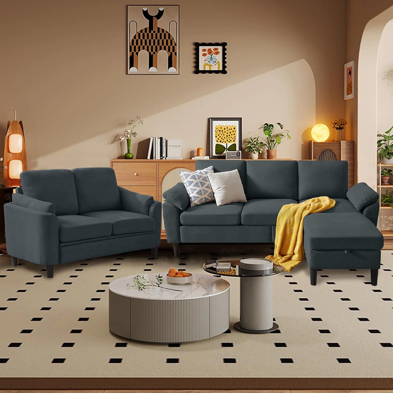 80" Convertible Sectional Sofa Set, Modern Linen Small L Shaped Couch with Reversible Chaise and Loveseat Sofa, 3-Seat Sofa Couches for Living Room, Office, Apartment, Dark Grey