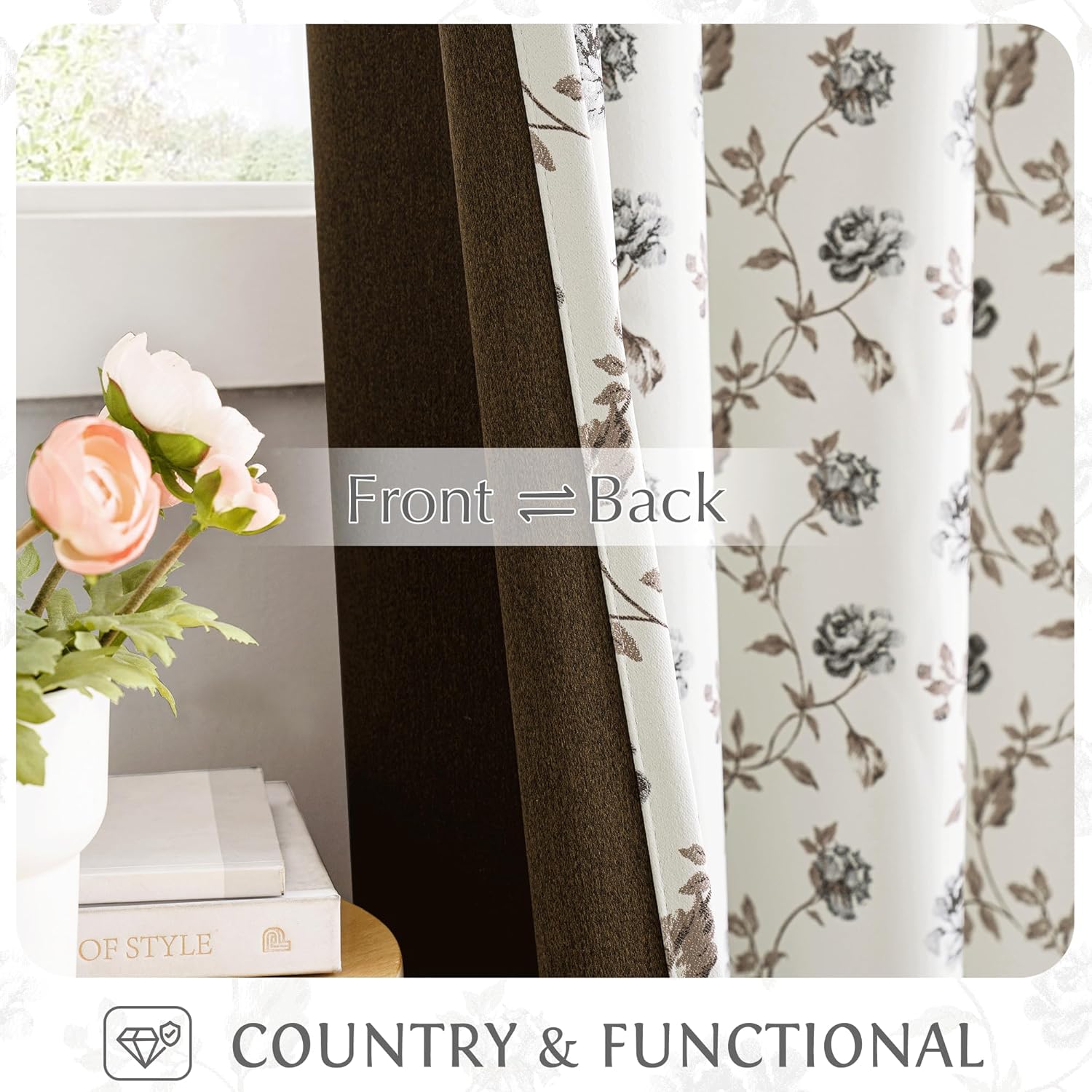 Beauoop Floral 100% Blackout Curtains 84 Inches Long 2 Panels for Bedroom Living Room Grey Brown on Beige Vintage Rose Flower Patterned Room Darkening Thermal Soundproof Grommet Window Drapes, 52X84