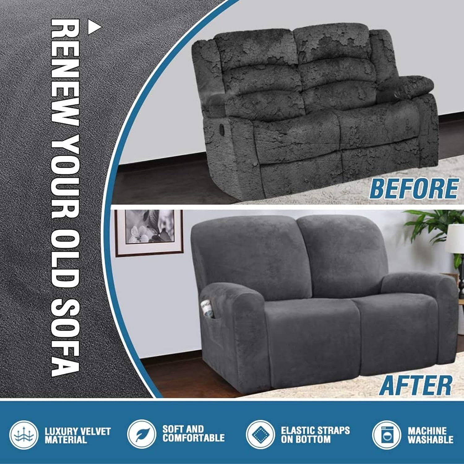 Sofa Cover,Recliner Sofa Covers Velvet Stretch Reclining Couch Covers, for 1/2/3 Cushion Sofa Slipcovers Thick Soft Washable Furniture Covers,Grey-2 Seater