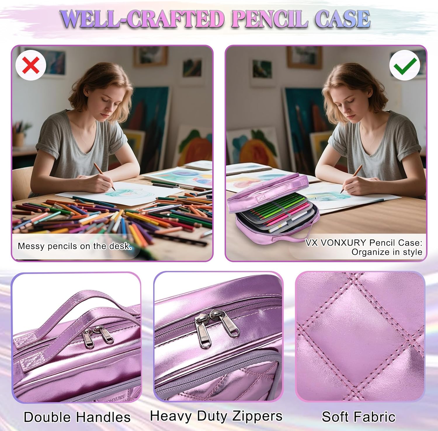 VX VONXURY Pencil Case, Large Capacity Pencil Pouch Portable Cosmetic Bag with 2 Detachable Layers 54 Slots Pen Organized (Pink)