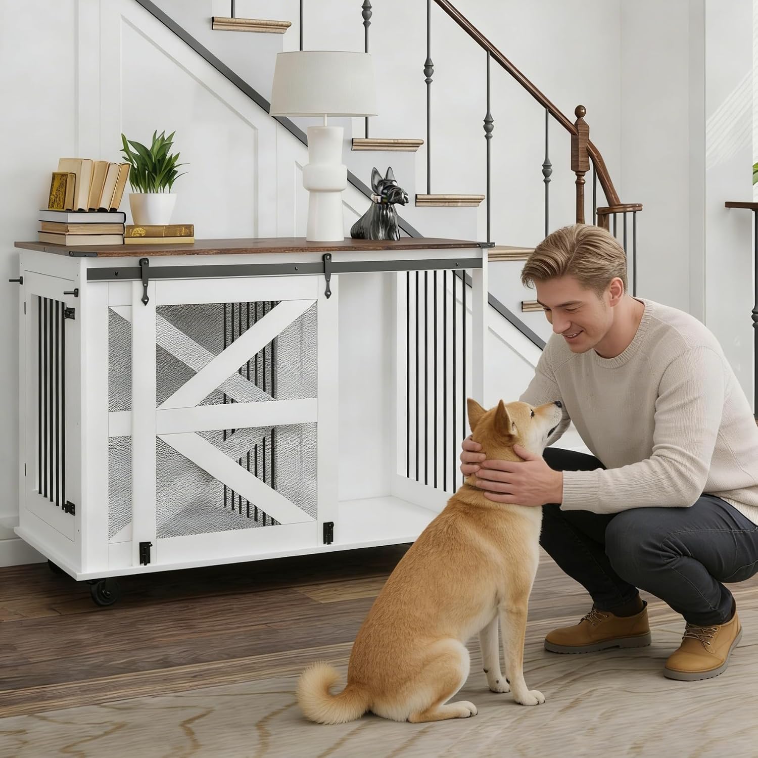 47.2'' Mobile Dog Crate with Flip-Top Feeder & Dual Doors, Multi-Purpose Pet Kennel with 5-Wheel Caster System,Locks & Side Hooks, Brown White, Brown White
