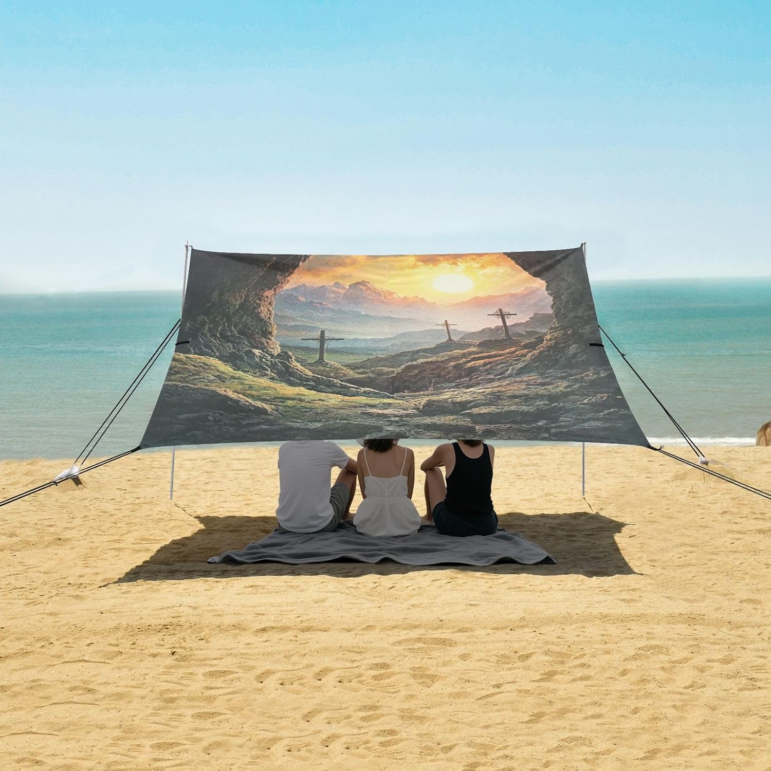 ALAZA Easter Cross Sunrise Beach Tent Sun Shelter UPF50+ Protection Beach Shade Canopy w/ 4 Sandbags for Outdoor Camping, Fishing, Backyard Fun, Picnic, 10x9 ft