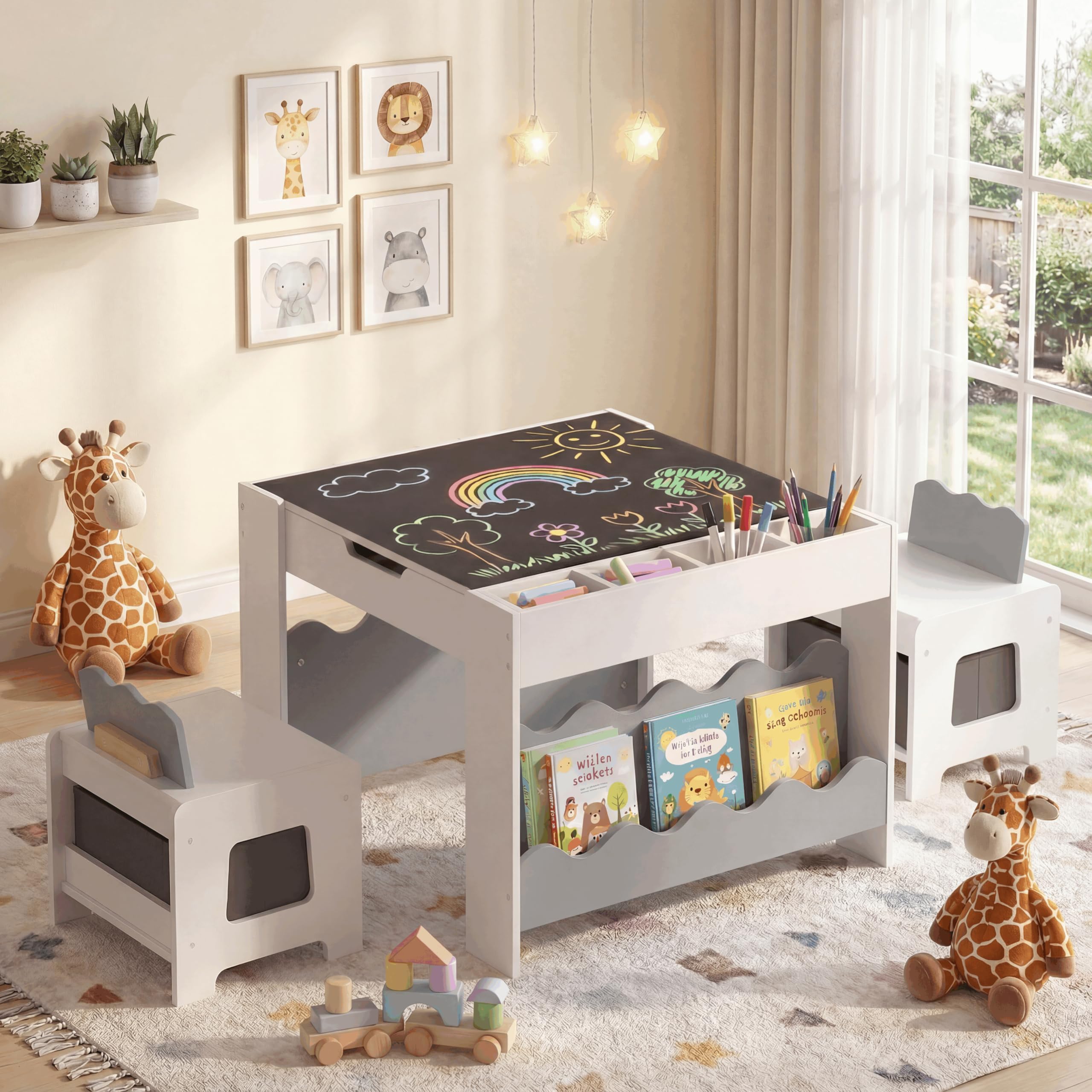 LIFEZEAL Mesa Infantil con Silla y Pizarra Negra (Gris) | Bandeja Doble Cara, Cajones y Estantes, Juego Educativo con Almacenamiento, para Niños 3 Años