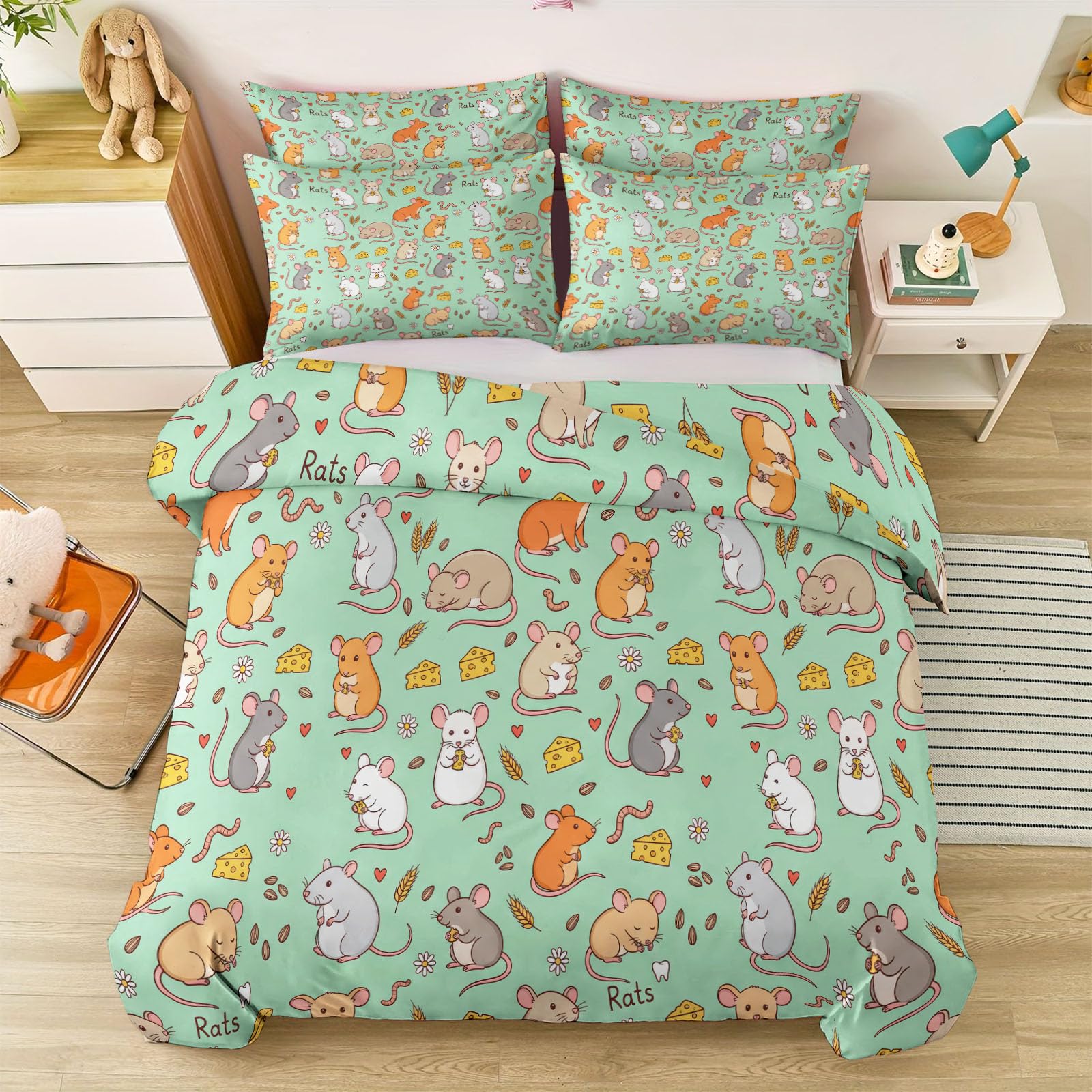 Biancheria da letto, motivo: formaggio, fiori, animali, topo, illustrazione