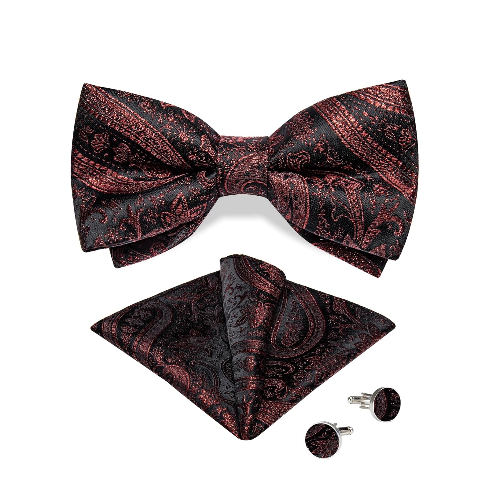 FENOKD Pre-Tied Bowtie for Man Wedding Business Paisley Silk Men's Bow Tie Pocket Square Cufflinks Set (White Dinosaur Doodle4 As Shown)