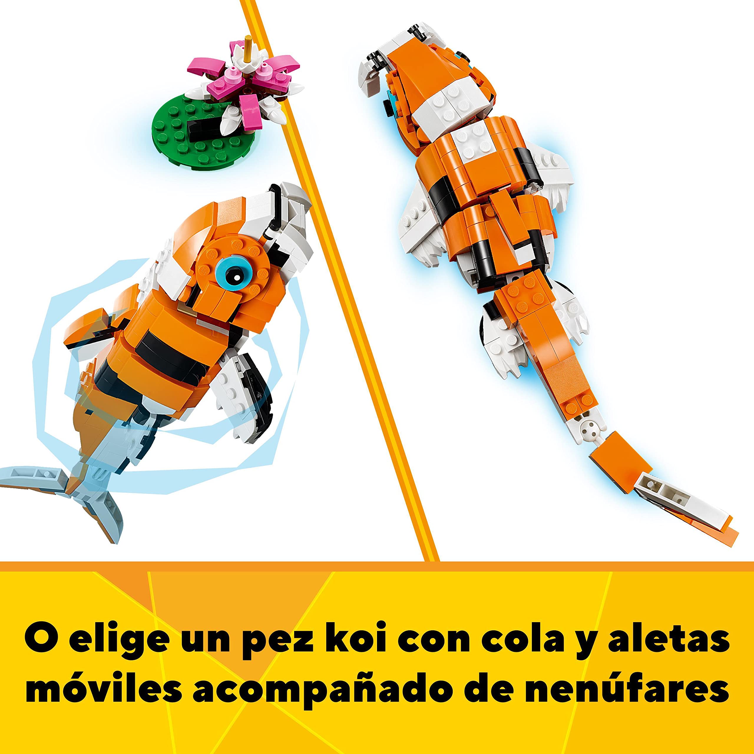 LEGO Creator 3-en-1 Tigre Majestuoso, Panda Rojo o Pez Carpa, Set de Animales de Juguete para Construir para Niños y Niñas de 9 Años, Juego Creativo, Idea de Regalo de Cumpleaños 31129