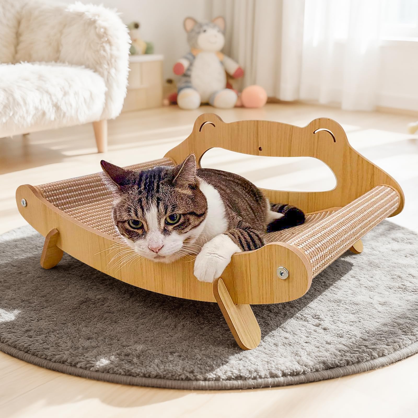 PetZen Garden Sisal Cat Scratcher Bed with Hammock, Solid Wood Frame Cat Scratch Pad & Lounger for Indoor Cats, Durable Natural Sisal Cat Furniture