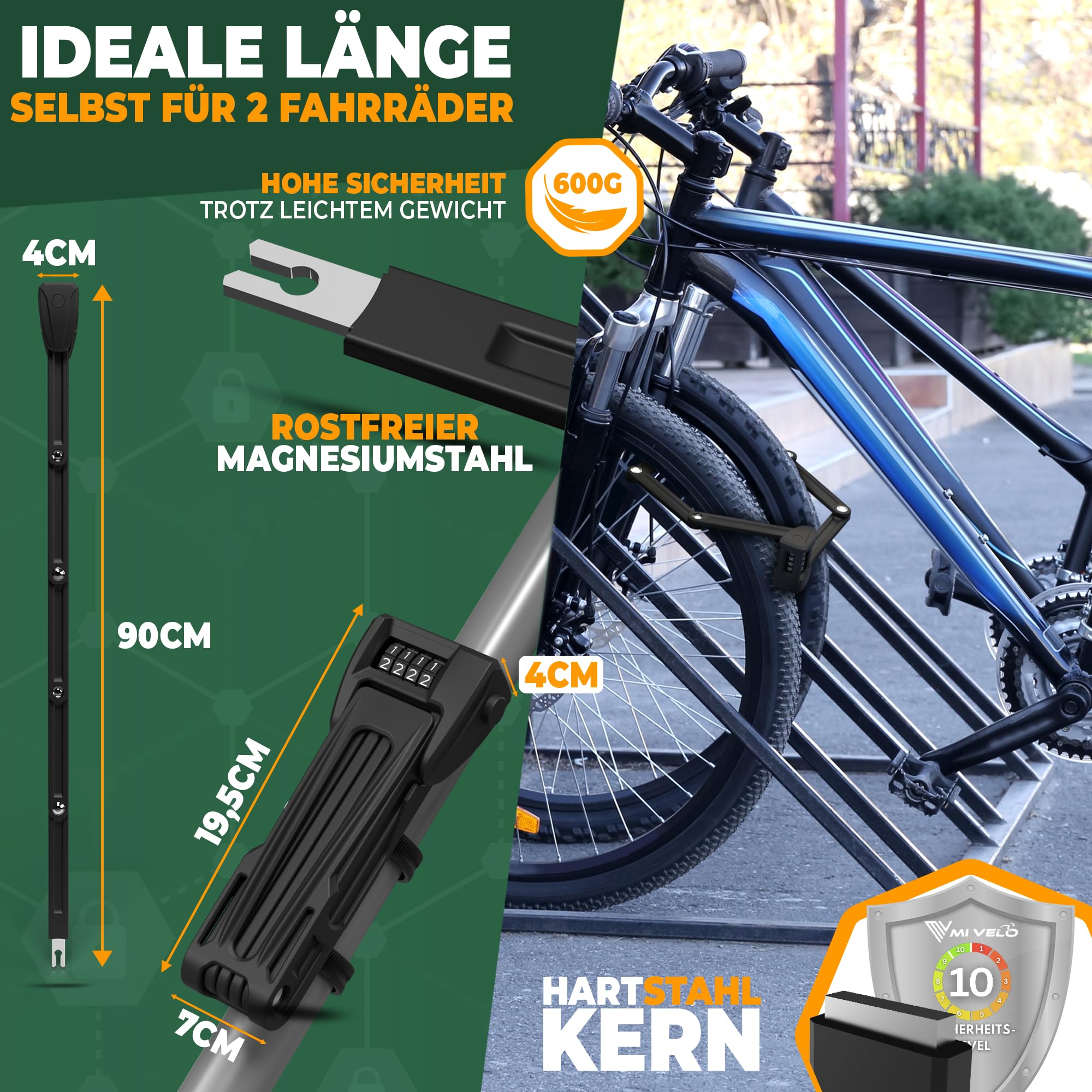 MIVELO Fahrradschloss Faltschloss mit AirTag Geheimfach I Zahlenschloss Fahrrad inkl. Halterung