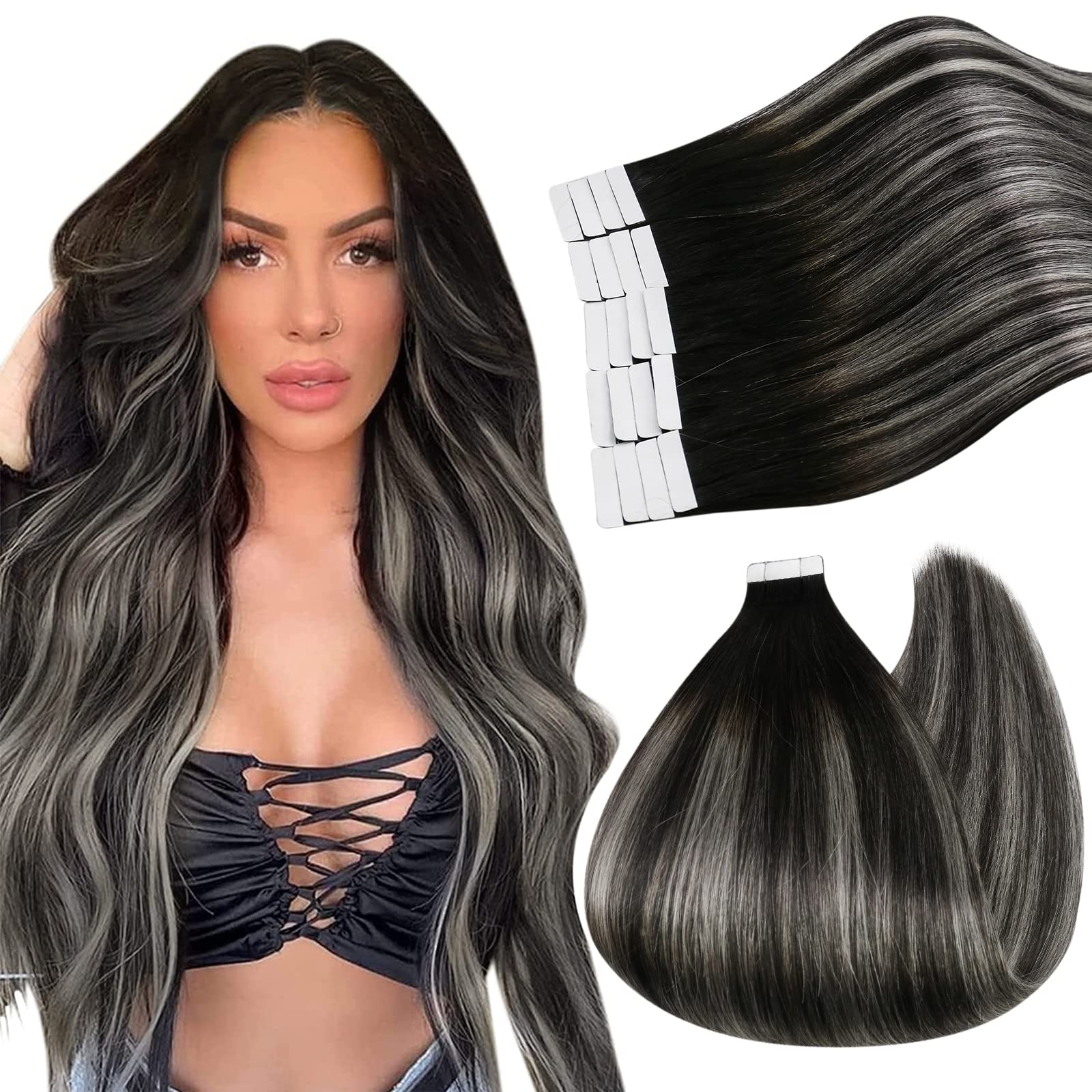 Ugeat 60cm Tape Extensions Real Human Hair Remy Hair Extensions Tape in #1B/Silver/1B Black with Silver Hair Extensions Glue in Human Hair 50 Grams Glue in Human Hair Extensions Straight 20 Pieces