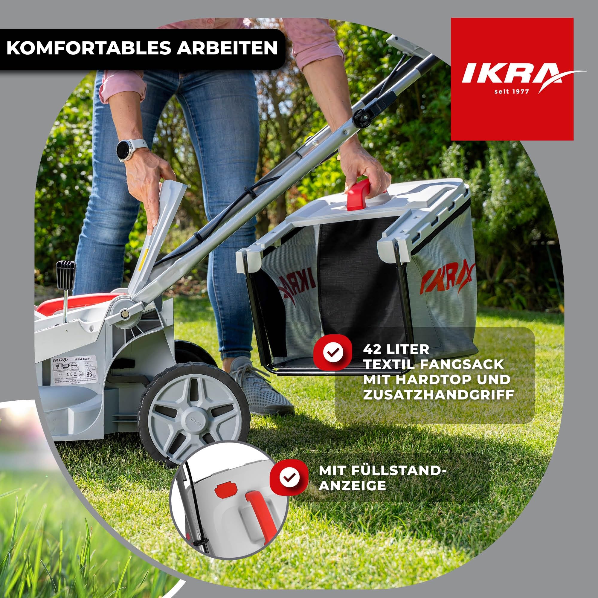 IKRA Elektro Rasenmäher IERM 1638-1, 1600W, 38cm, inkl. Ersatzmesser | Holm 2-fach höhenverstellbar, Schnitthöhe 30-75mm, inkl. Fangsack 42l, gehärtetes Metallmesser, klappbarer Führungsholm