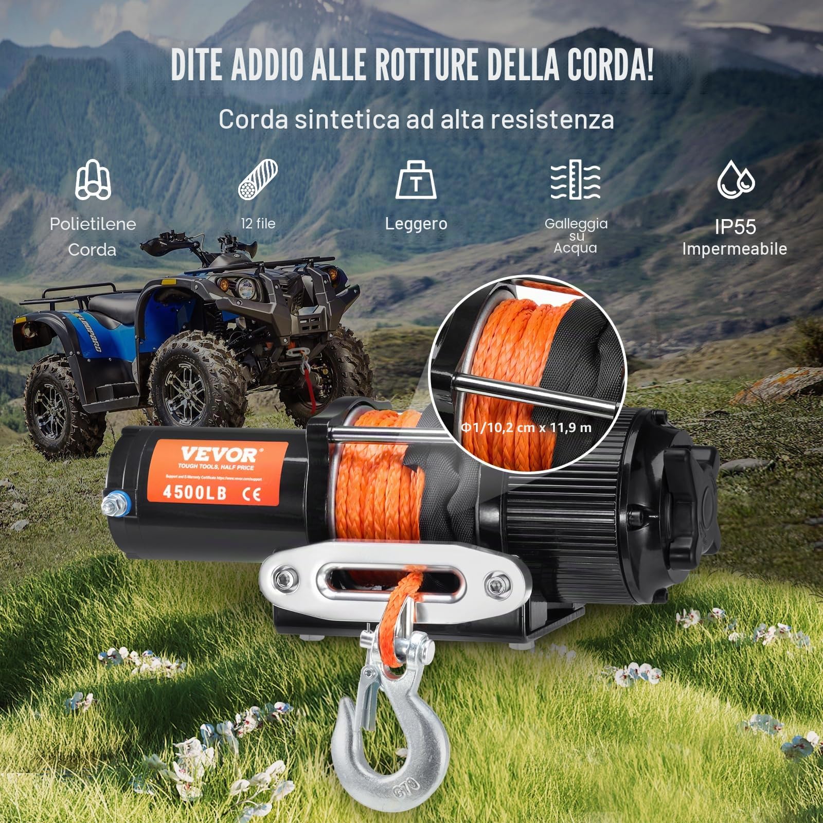 VEVOR Verricello Elettrico, Capacità di Tiro della Linea 2041 kg Verricello ATV/UTV 12 V CC Φ0,6 x 1188,7 cm 12 Trefoli in Corda Sintetica in Alluminio, Telecomando Senza Fili e Cablato, per UTV ATV